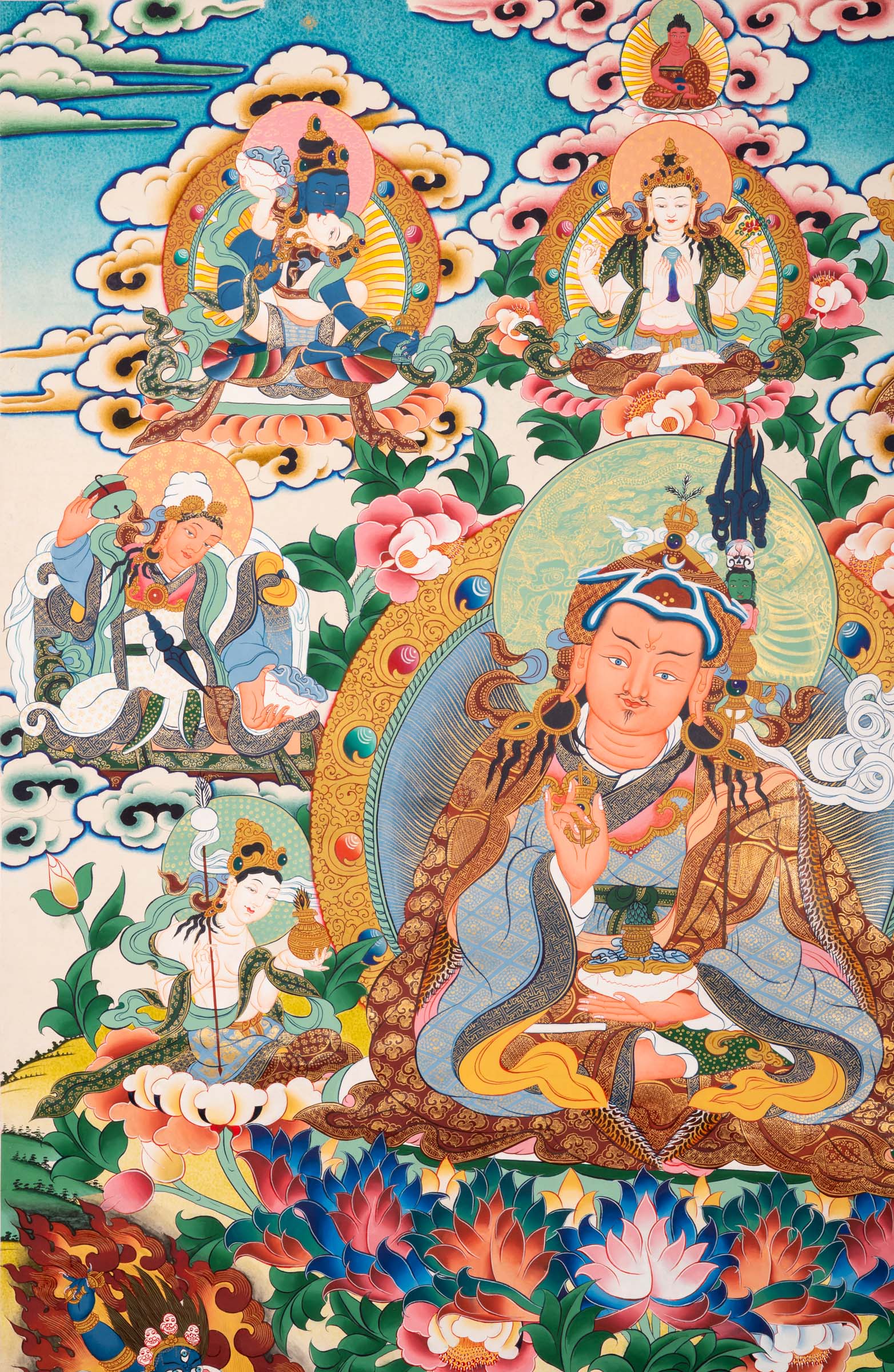 Colorful Thangka artwork with Guru Padma Shambhava. High quality Thangka Art work
