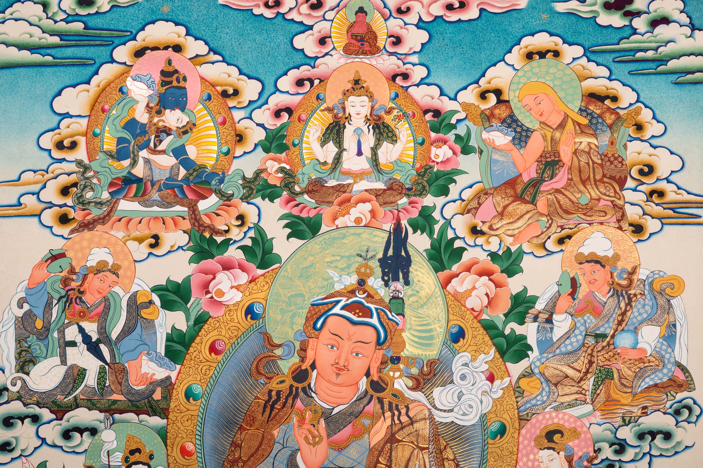 Colorful Thangka artwork with Guru Padma Shambhava. High quality Thangka Art work