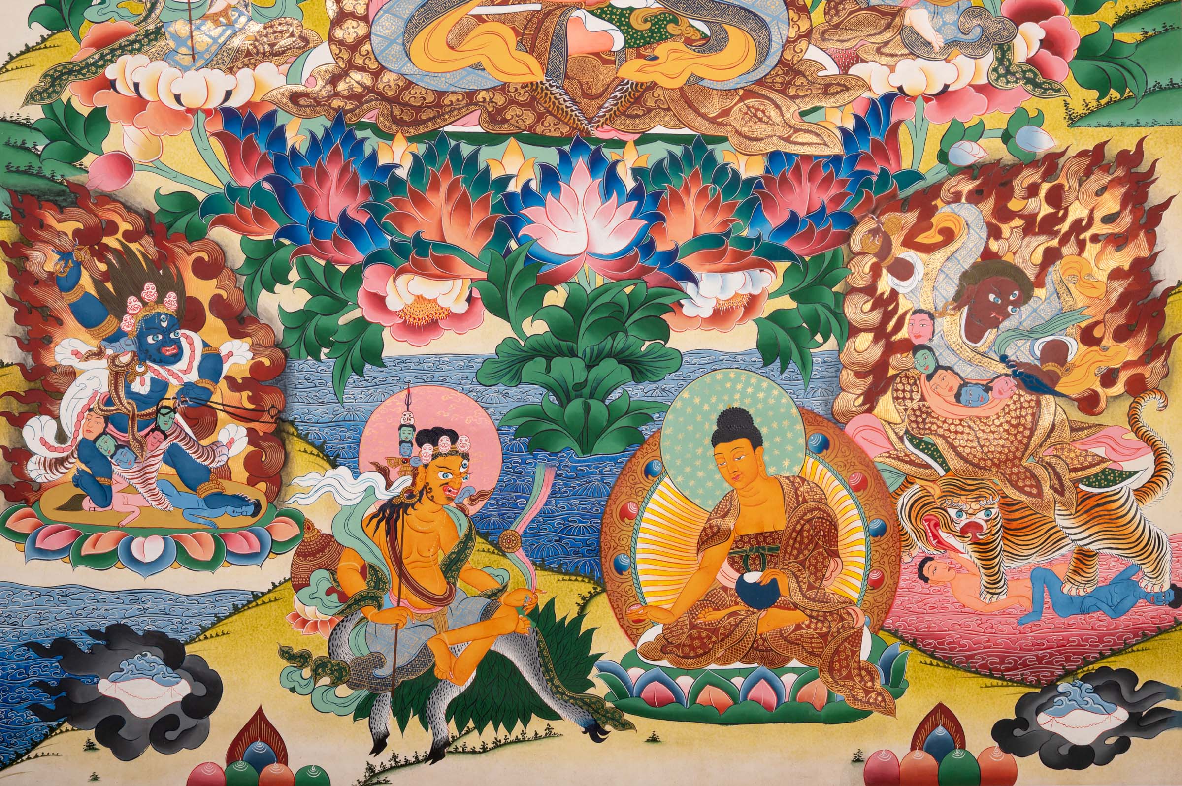 Colorful Thangka artwork with Guru Padma Shambhava. High quality Thangka Art work