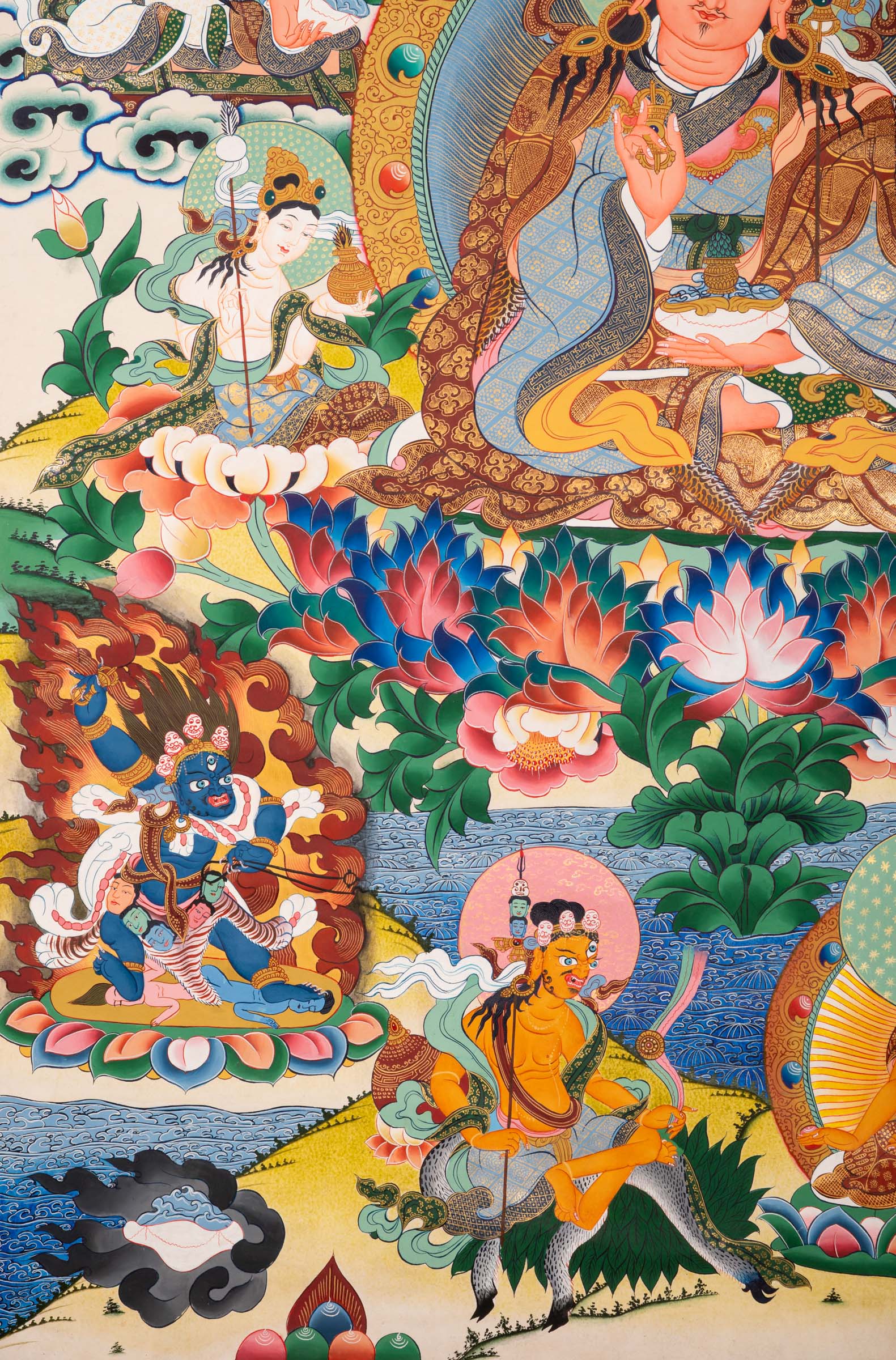 Colorful Thangka artwork with Guru Padma Shambhava. High quality Thangka Art work