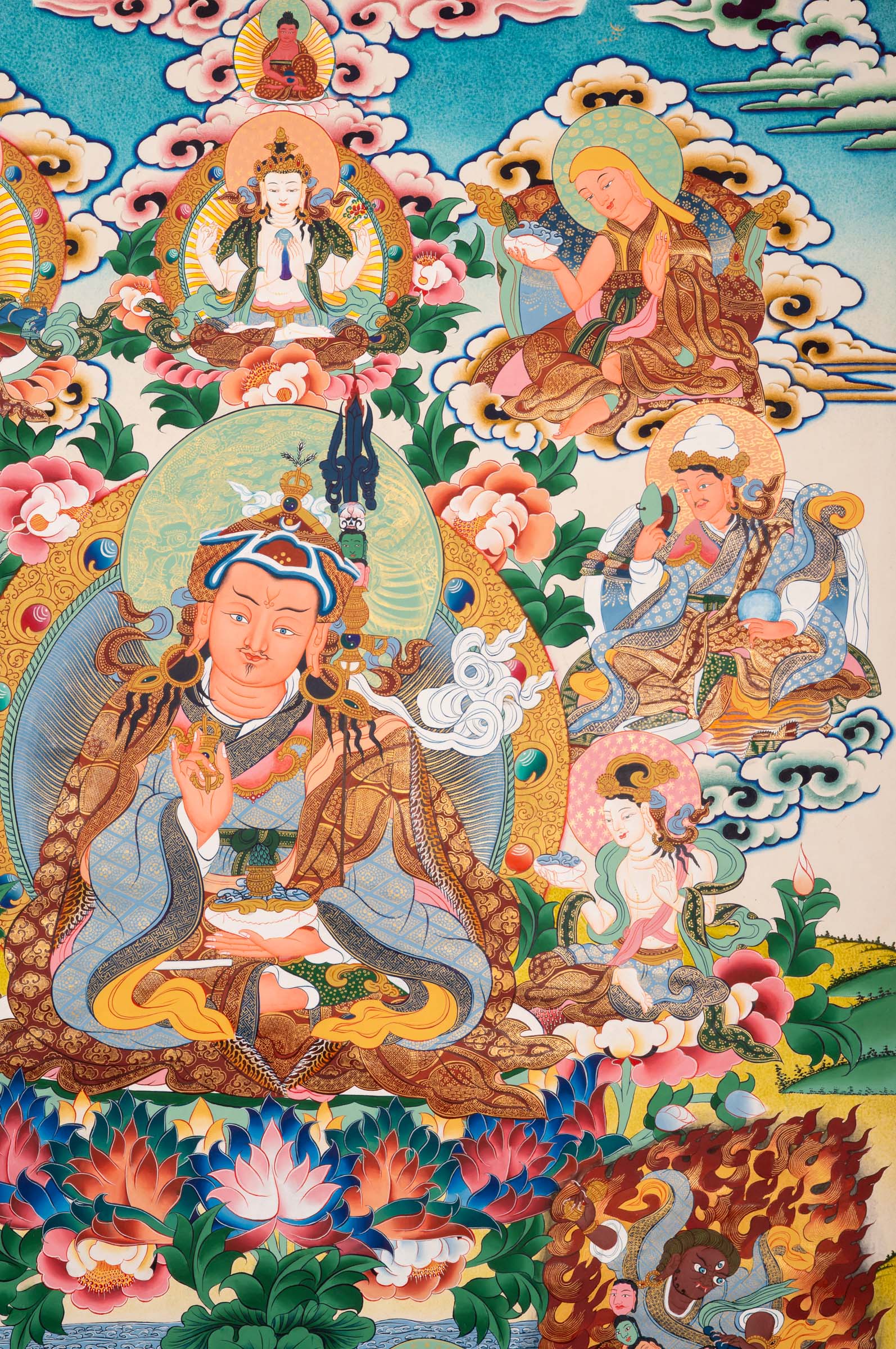 Colorful Thangka artwork with Guru Padma Shambhava. High quality Thangka Art work