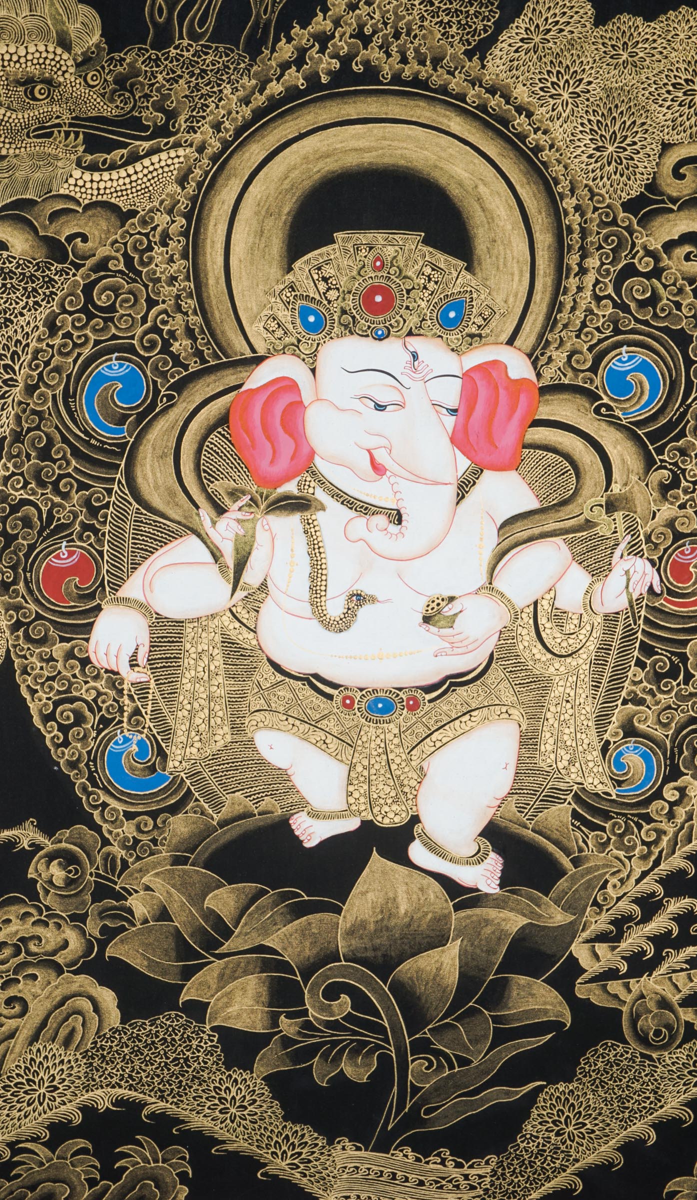 Ganesh Thangka depicting elephant-headed god Ganapati, remover of obstacles and symbol of wisdom.