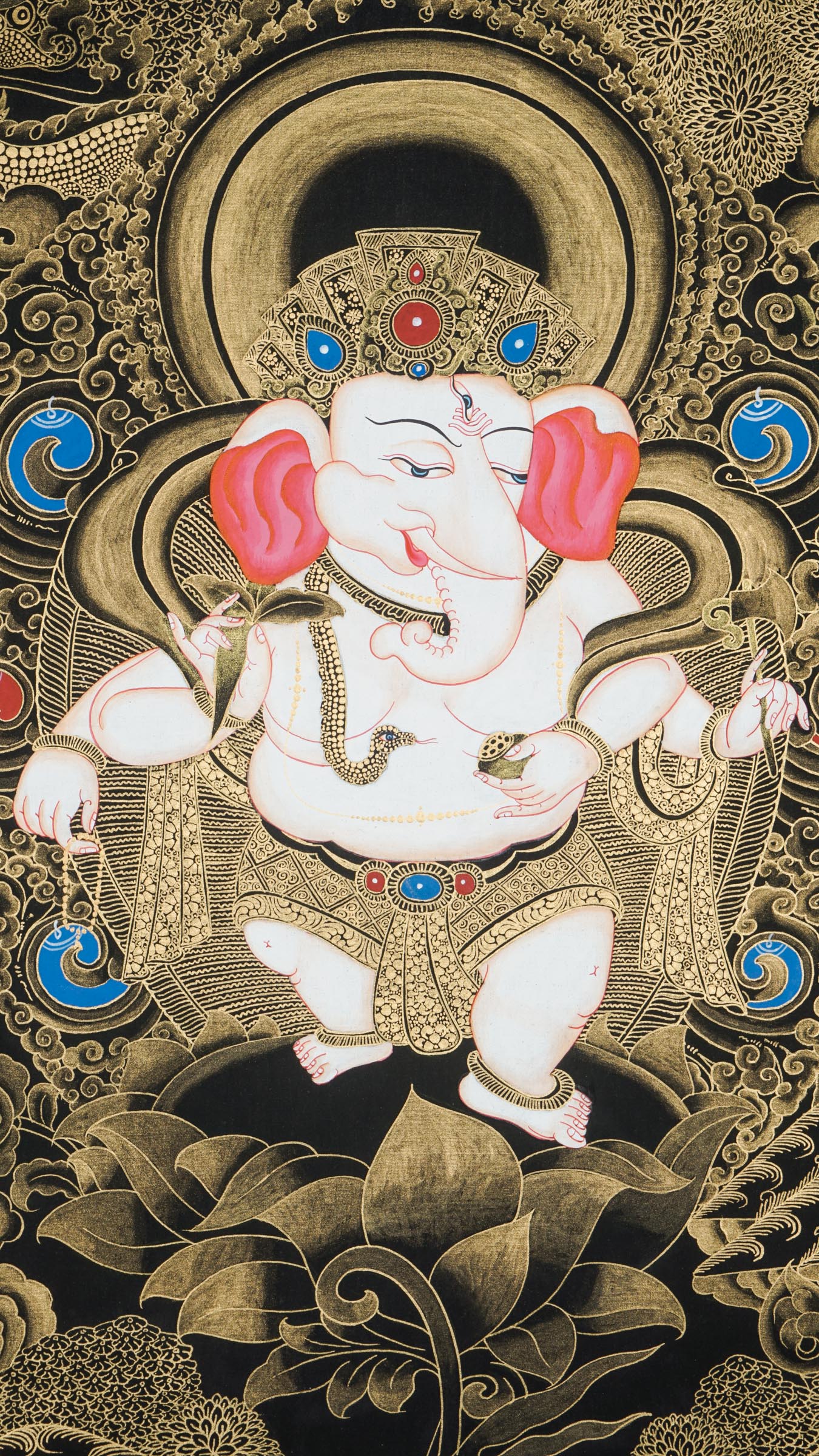 Ganesh Thangka depicting elephant-headed god Ganapati, remover of obstacles and symbol of wisdom.