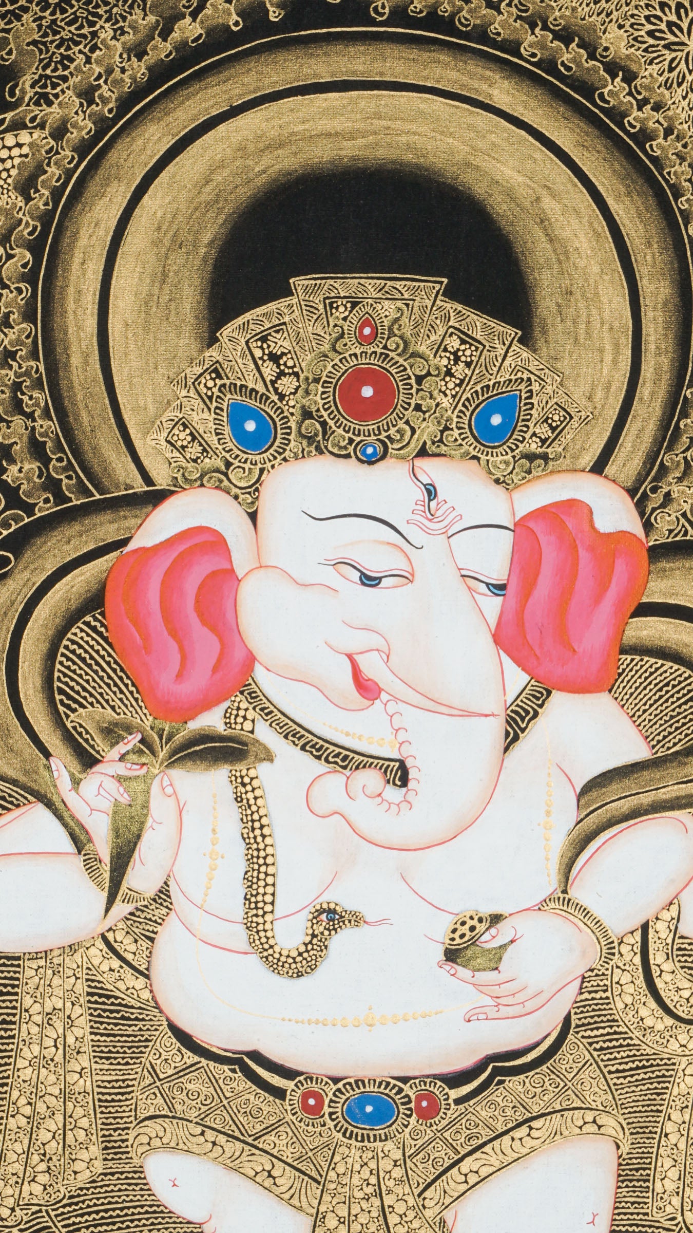 Ganesh Thangka depicting elephant-headed god Ganapati, remover of obstacles and symbol of wisdom.