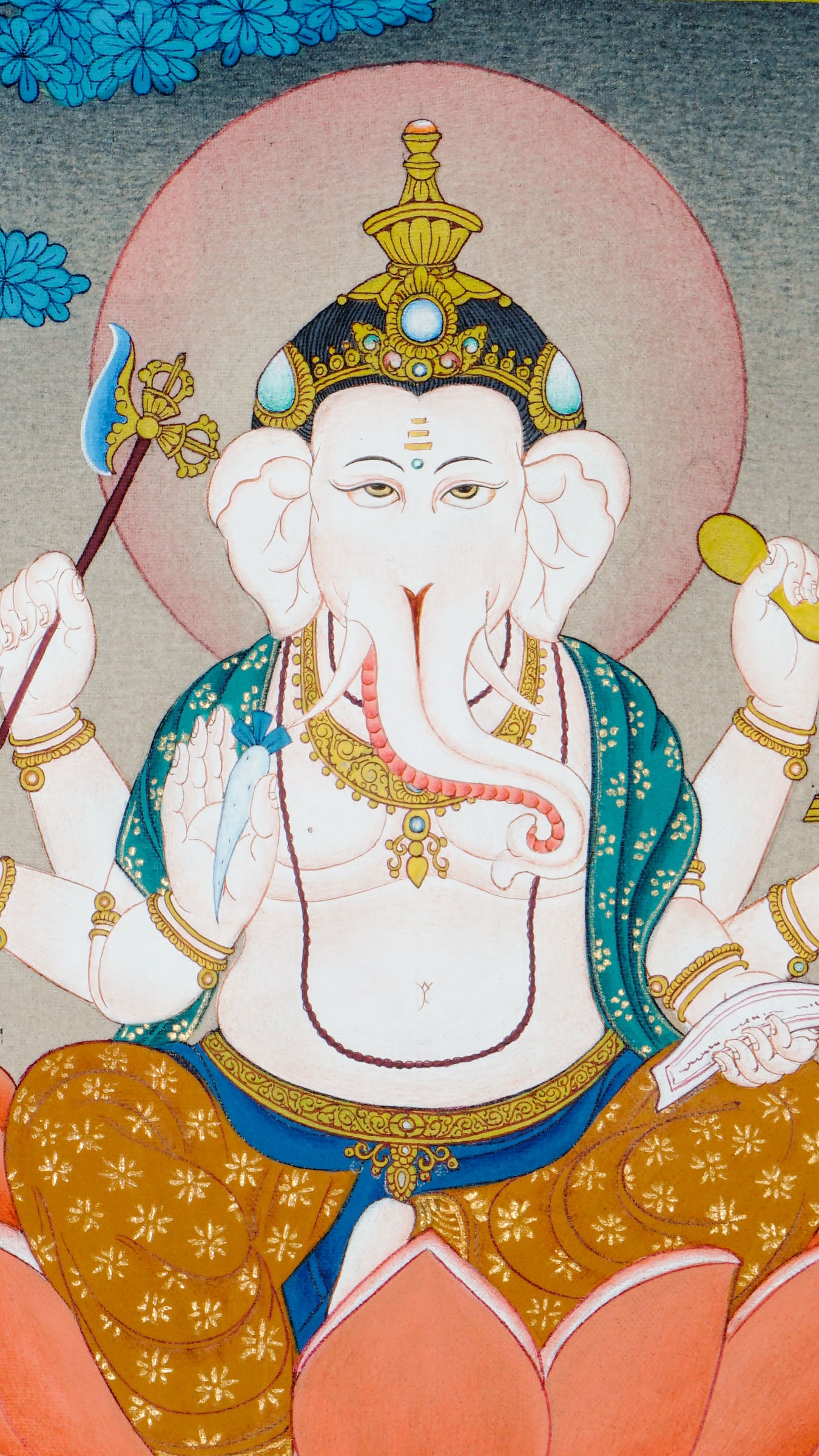 Tibetan thangka of six-handed Ganesh seated on a lotus with a rat below, holding ritual items like lotus and weapons in each hand, with a tree and serene background behind him.