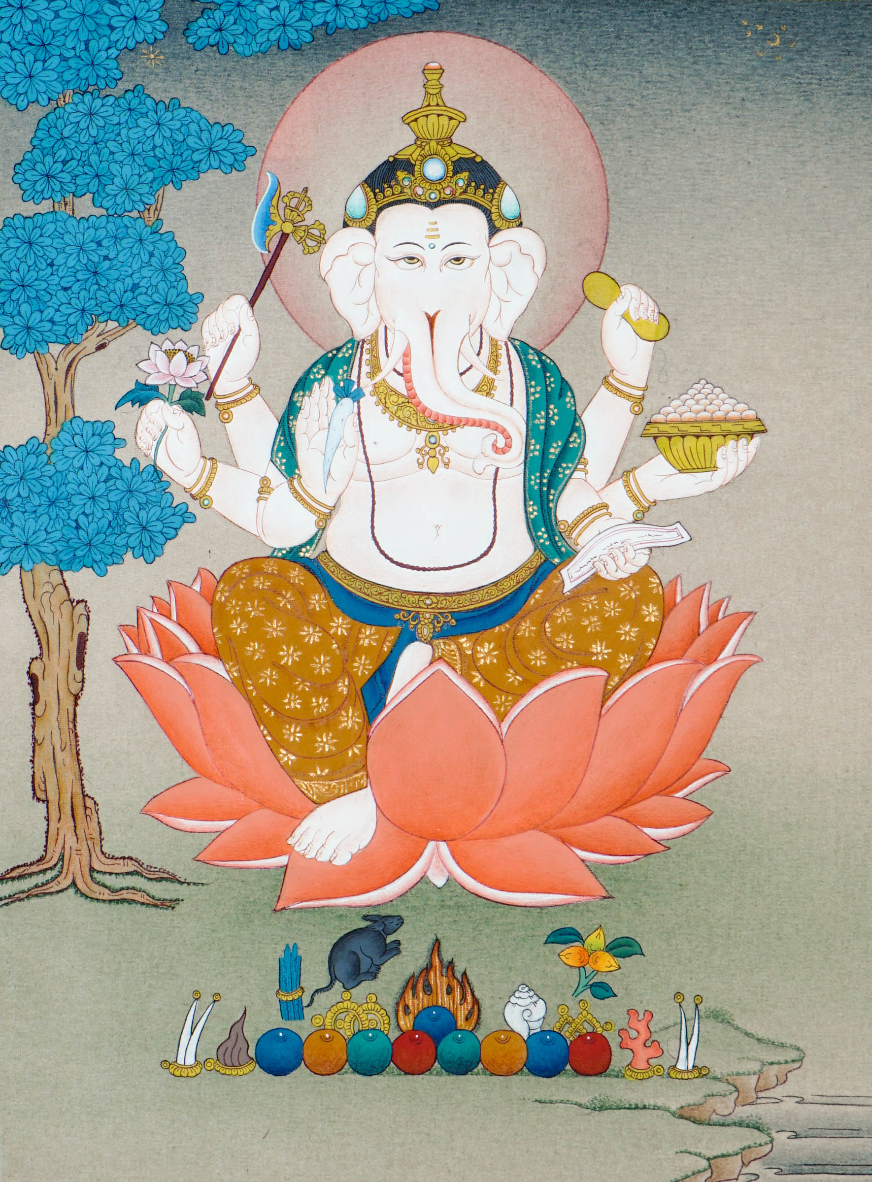Tibetan thangka of six-handed Ganesh seated on a lotus with a rat below, holding ritual items like lotus and weapons in each hand, with a tree and serene background behind him.