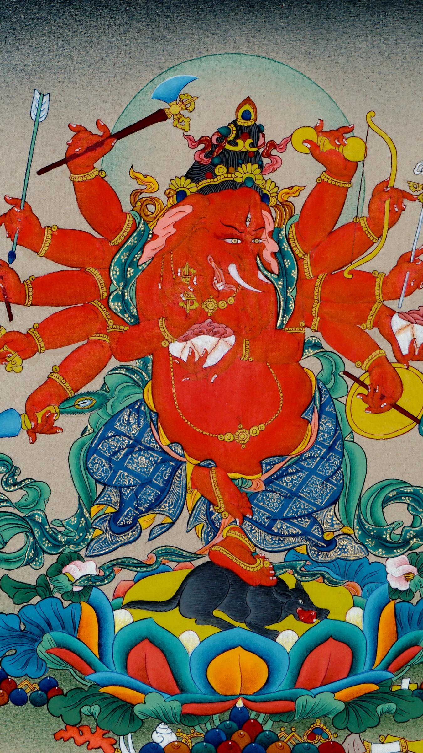 Tibetan thangka of red Ganesh seated on a lotus throne atop a mouse, showing his third eye, multiple hands holding kapala, swords, arrow, dhanush, and fire swords, surrounded by a serene landscape.