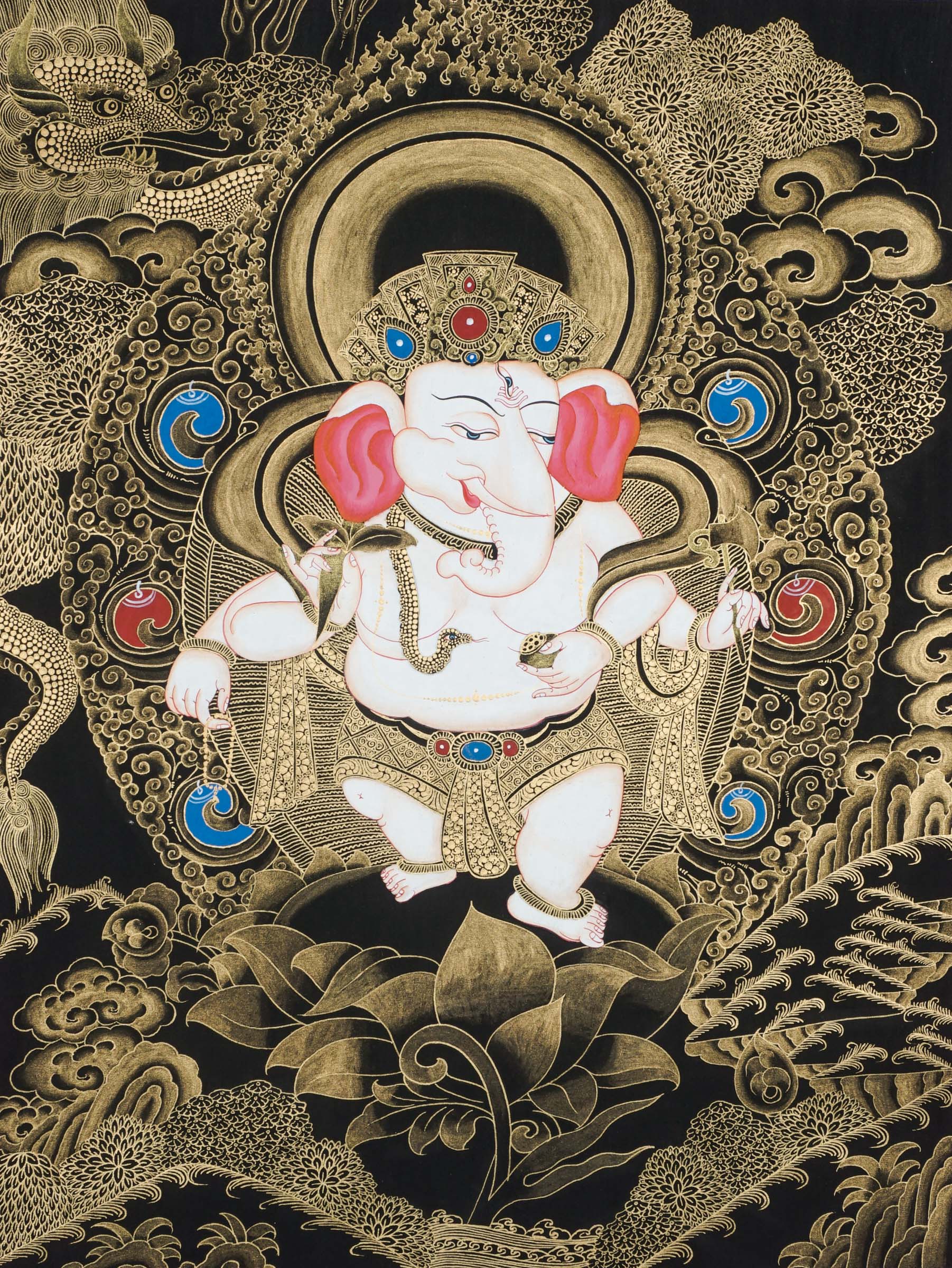 Ganesh Thangka depicting elephant-headed god Ganapati, remover of obstacles and symbol of wisdom.