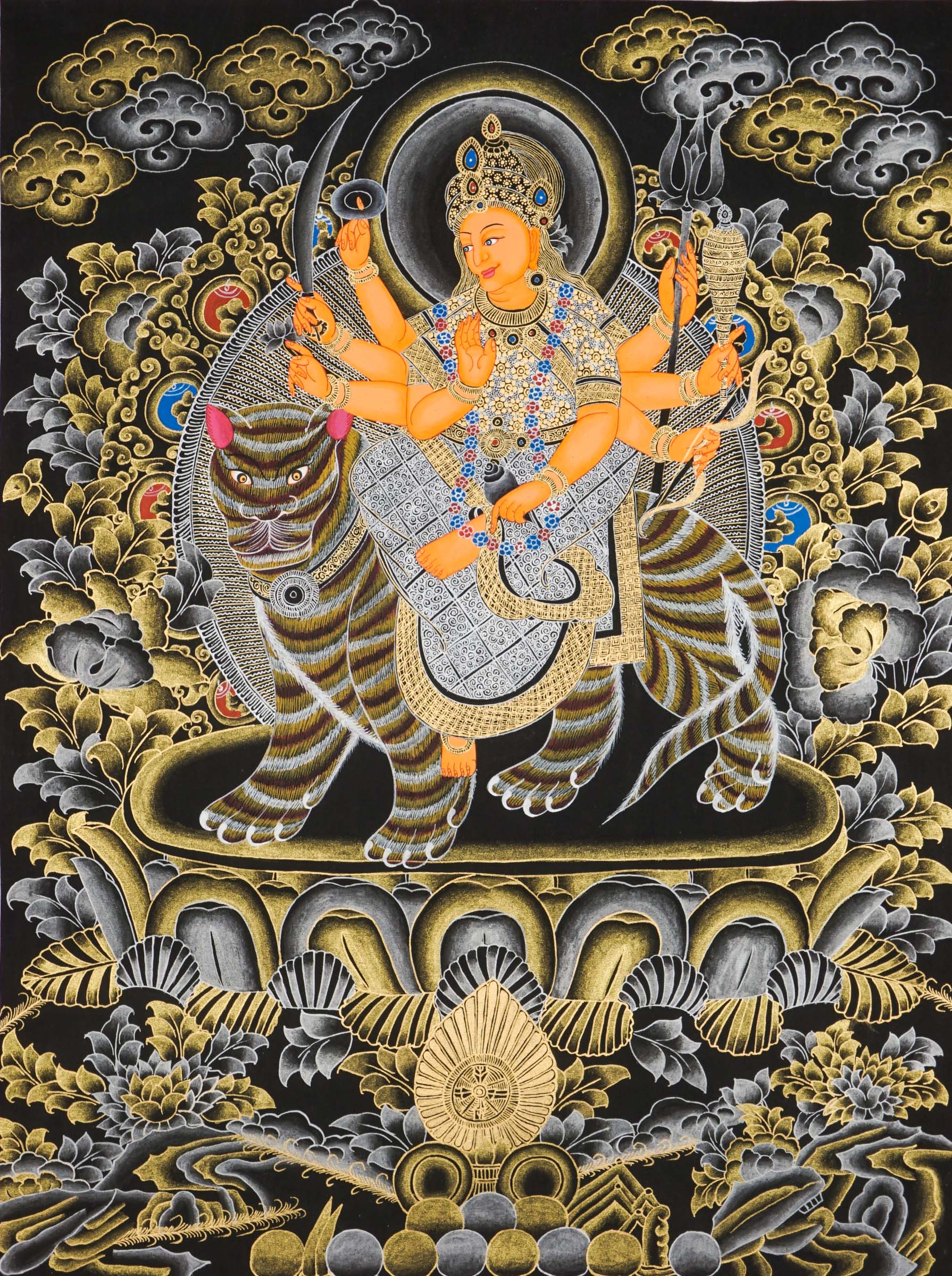 Durga Thangka of lion-riding goddess, armed and divine protector