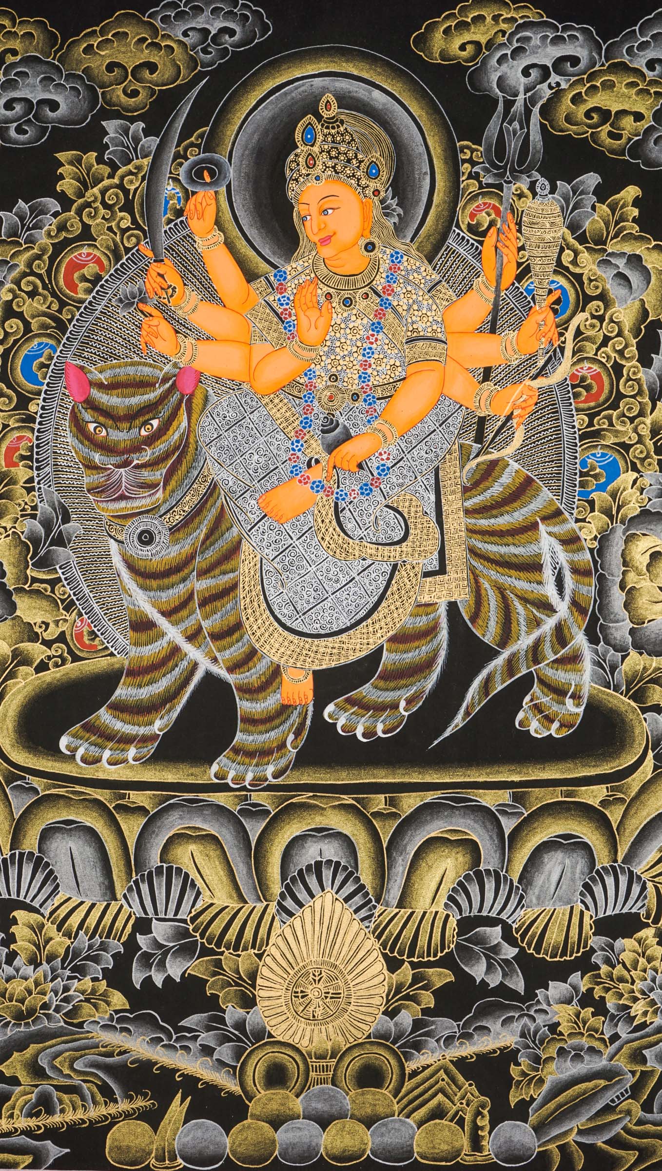 Durga Thangka of lion-riding goddess, armed and divine protector