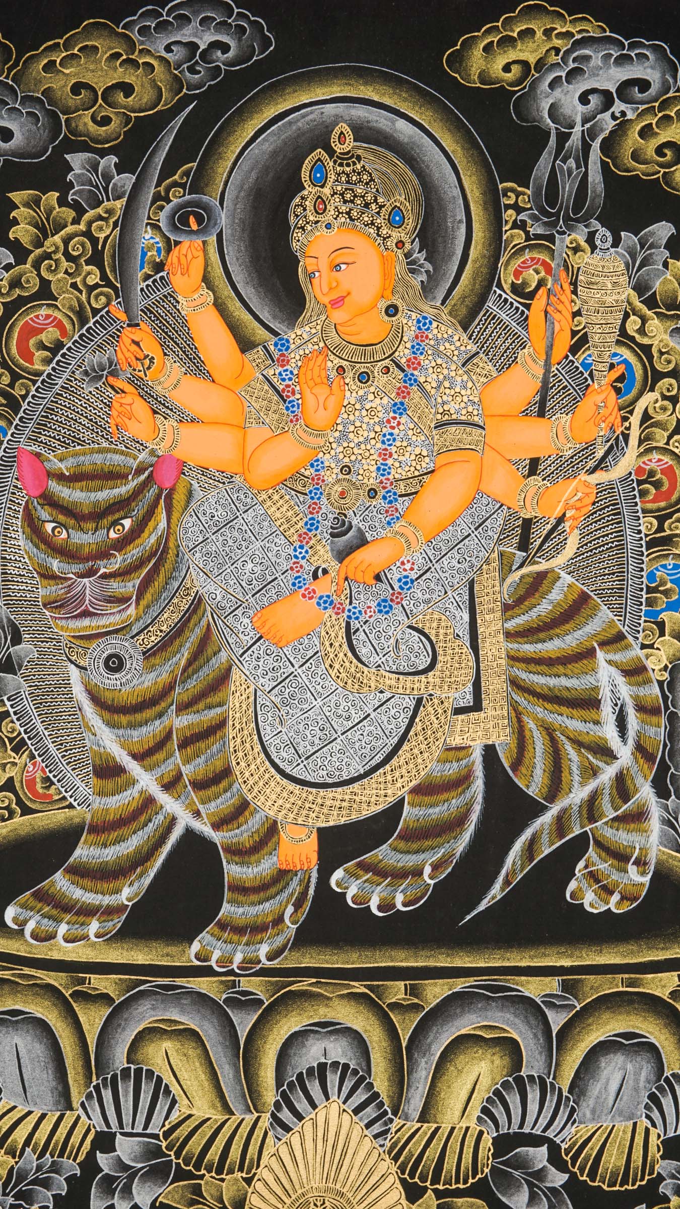 Durga Thangka of lion-riding goddess, armed and divine protector