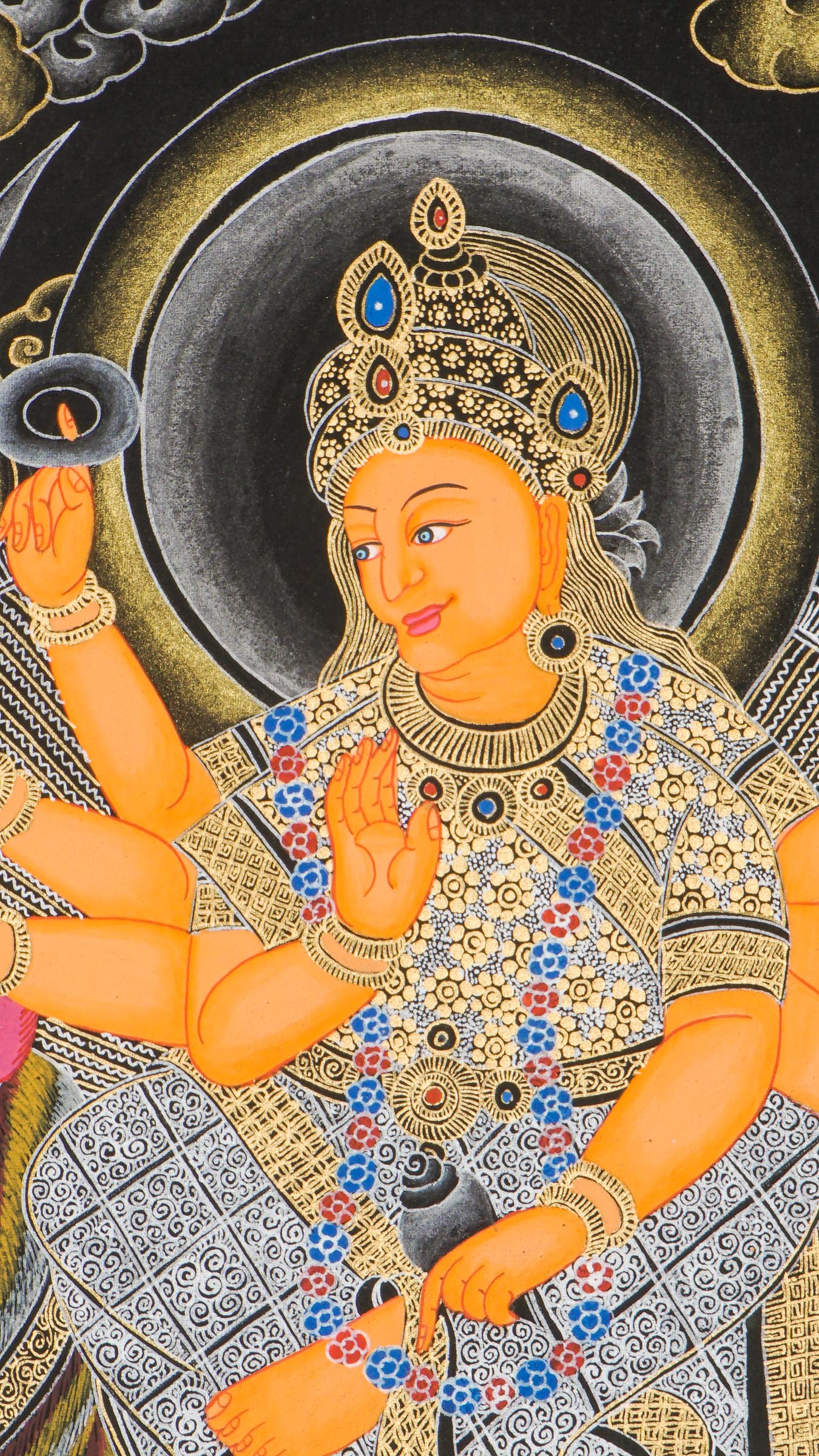 Durga Thangka of lion-riding goddess, armed and divine protector