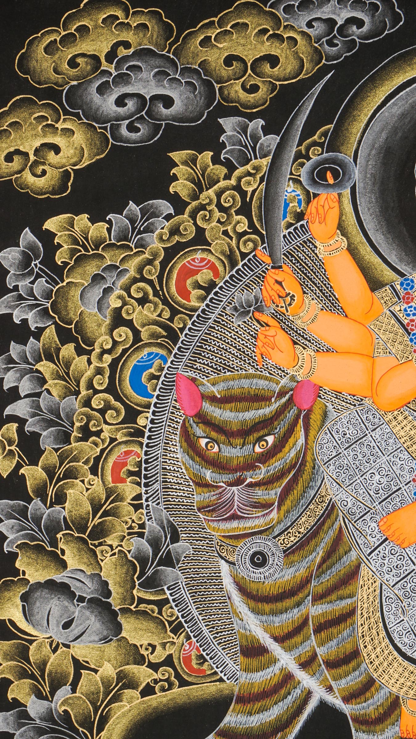 Durga Thangka of lion-riding goddess, armed and divine protector