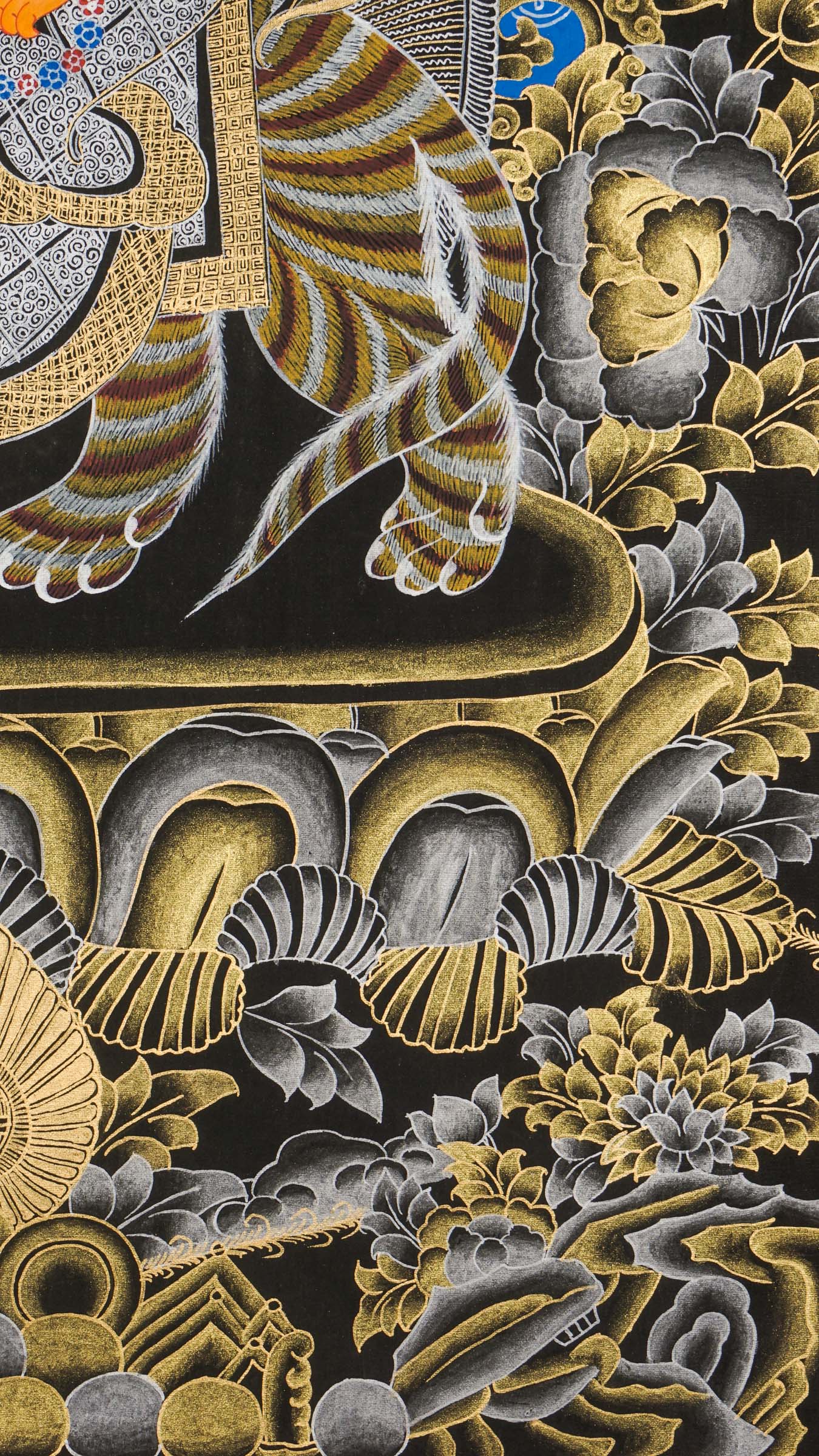 Durga Thangka of lion-riding goddess, armed and divine protector
