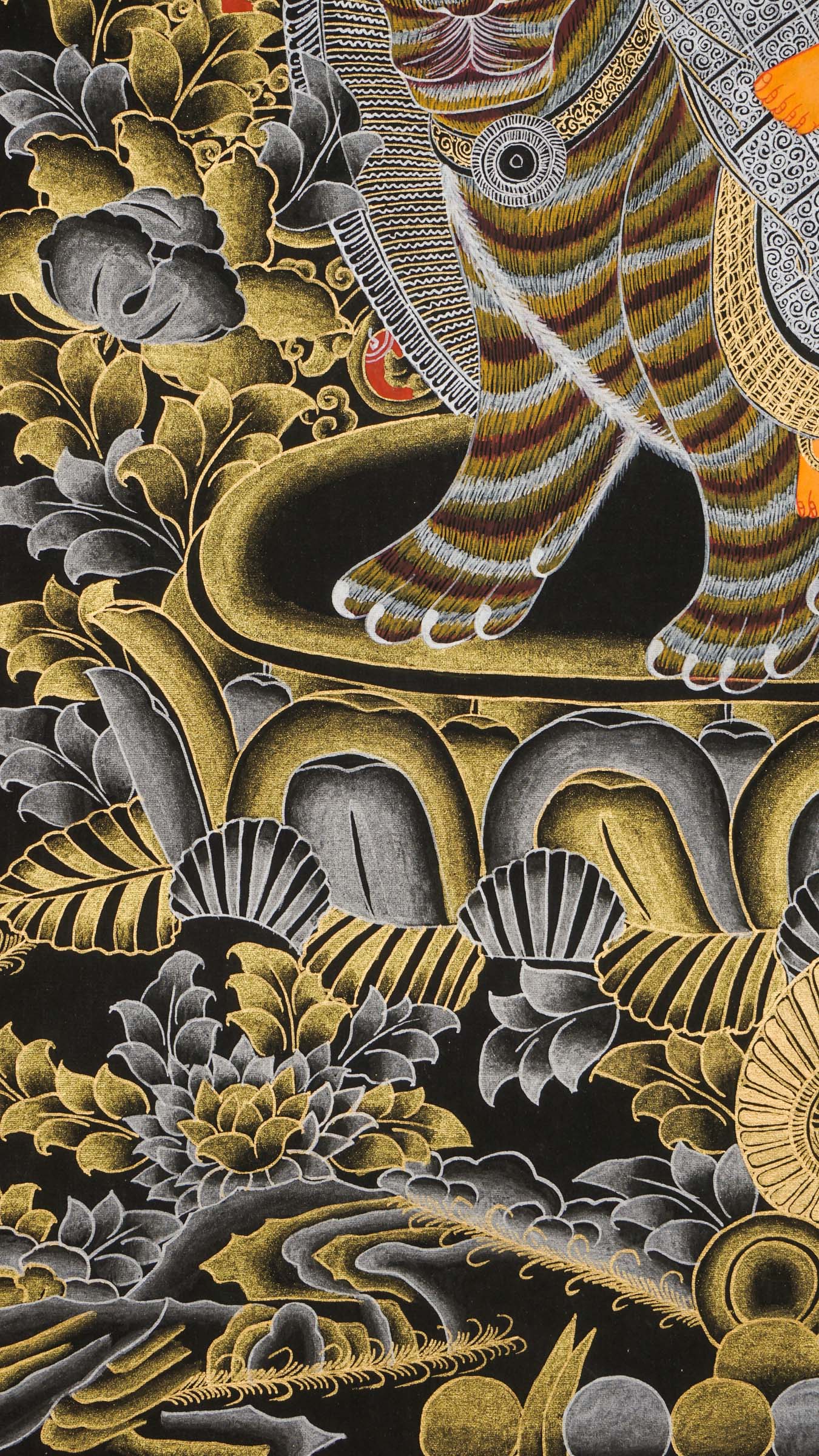 Durga Thangka of lion-riding goddess, armed and divine protector