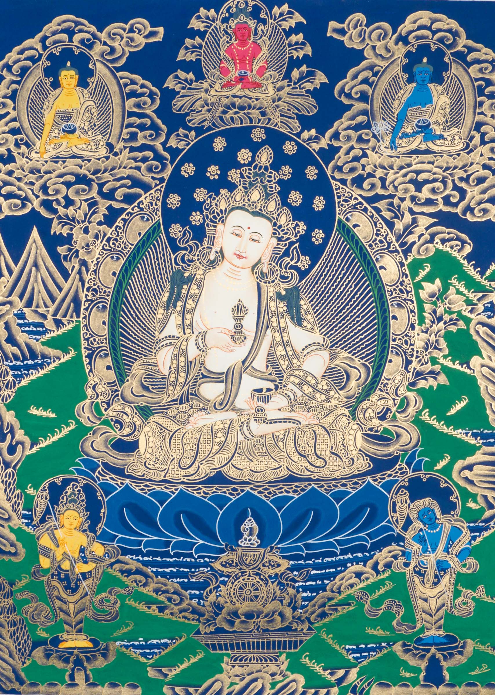 Vajrasattva Thangka - A sacred Thangka art of Goddess Vajrasattva, hand-painted depiction in striking blue and green hues enhanced with 24k gold.