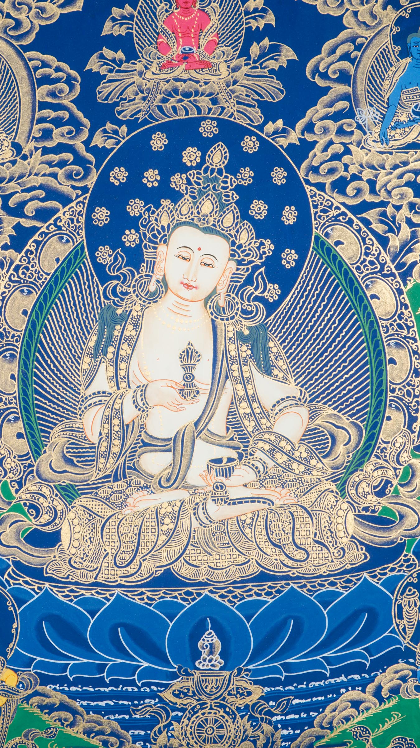Vajrasattva Thangka - A sacred Thangka art of Goddess Vajrasattva, hand-painted depiction in striking blue and green hues enhanced with 24k gold.