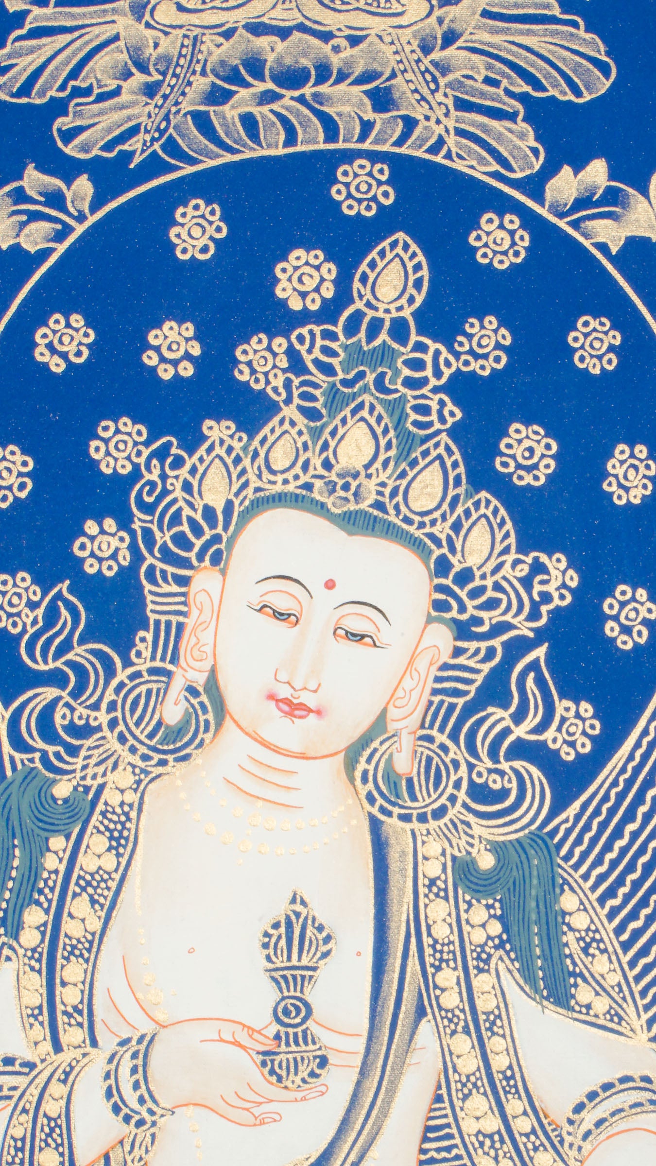 Vajrasattva Thangka - A sacred Thangka art of Goddess Vajrasattva, hand-painted depiction in striking blue and green hues enhanced with 24k gold.