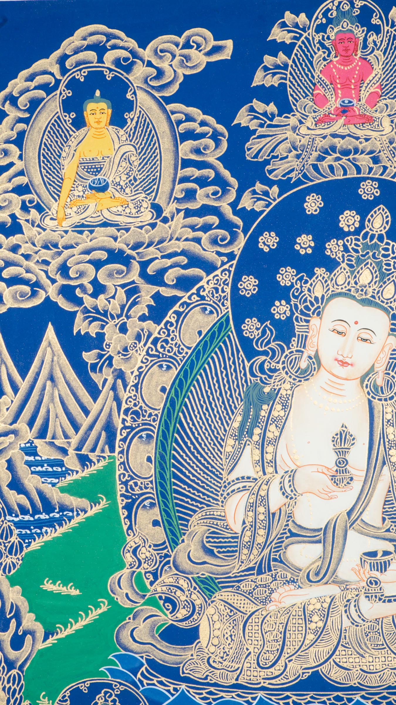 Vajrasattva Thangka - A sacred Thangka art of Goddess Vajrasattva, hand-painted depiction in striking blue and green hues enhanced with 24k gold.