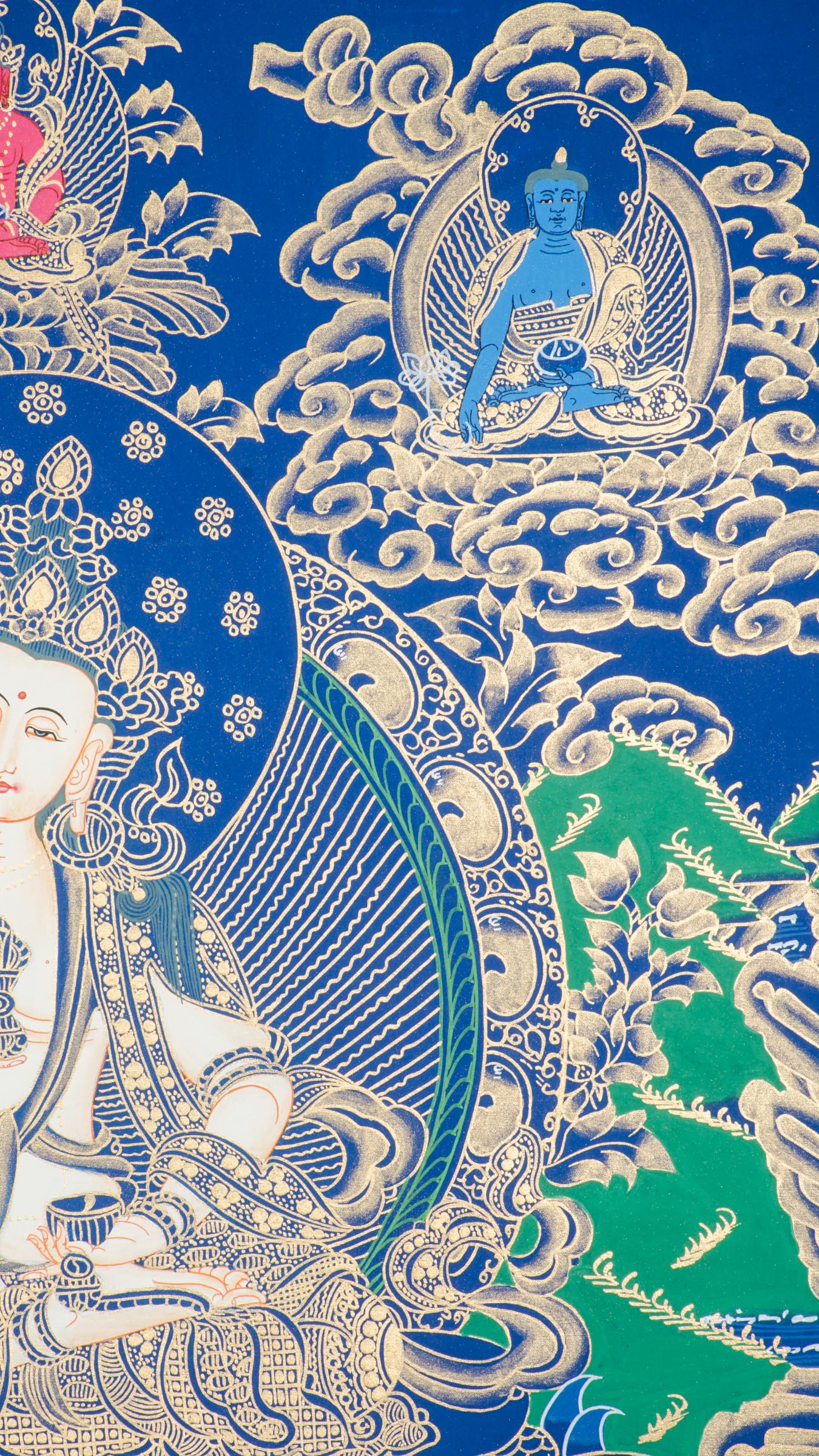 Vajrasattva Thangka - A sacred Thangka art of Goddess Vajrasattva, hand-painted depiction in striking blue and green hues enhanced with 24k gold.