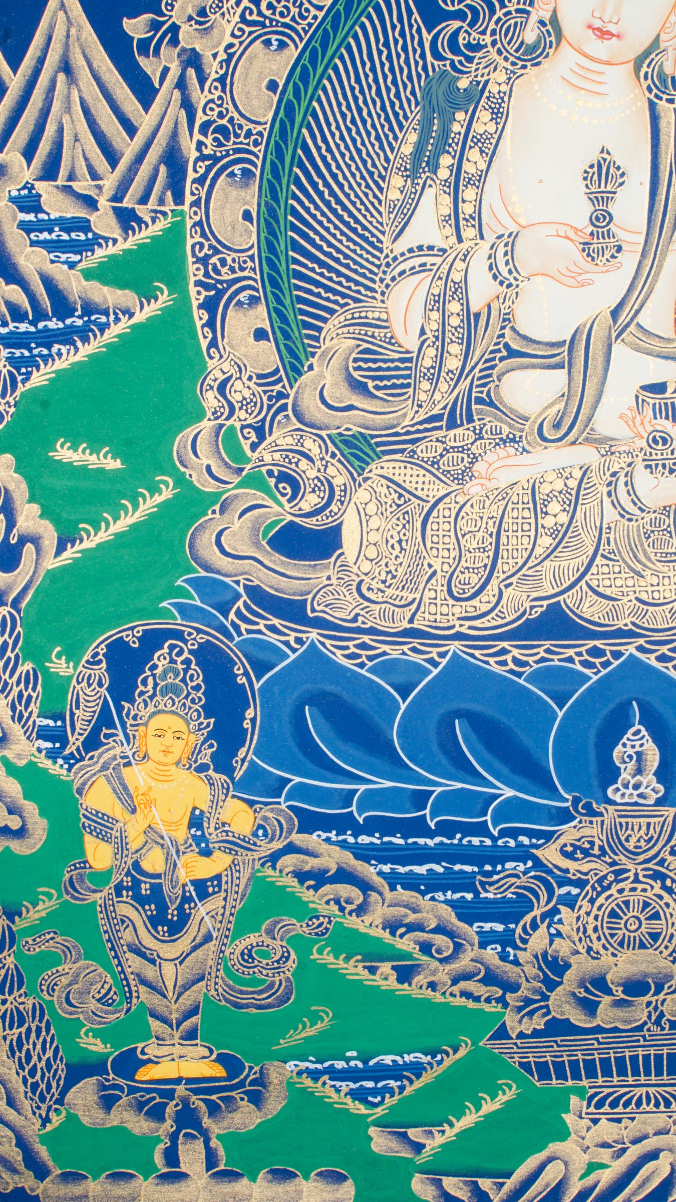 Vajrasattva Thangka - A sacred Thangka art of Goddess Vajrasattva, hand-painted depiction in striking blue and green hues enhanced with 24k gold.