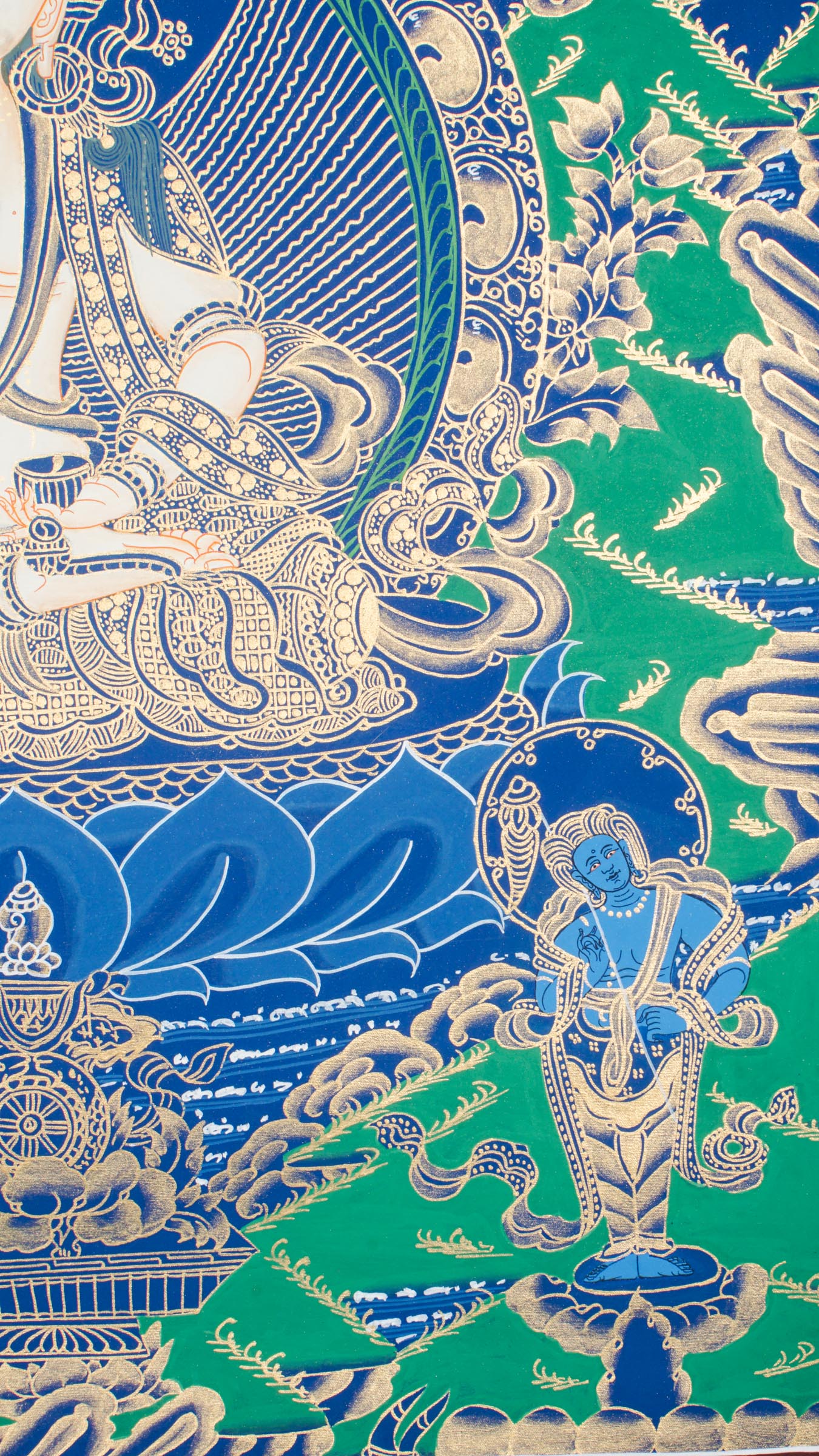Vajrasattva Thangka - A sacred Thangka art of Goddess Vajrasattva, hand-painted depiction in striking blue and green hues enhanced with 24k gold.