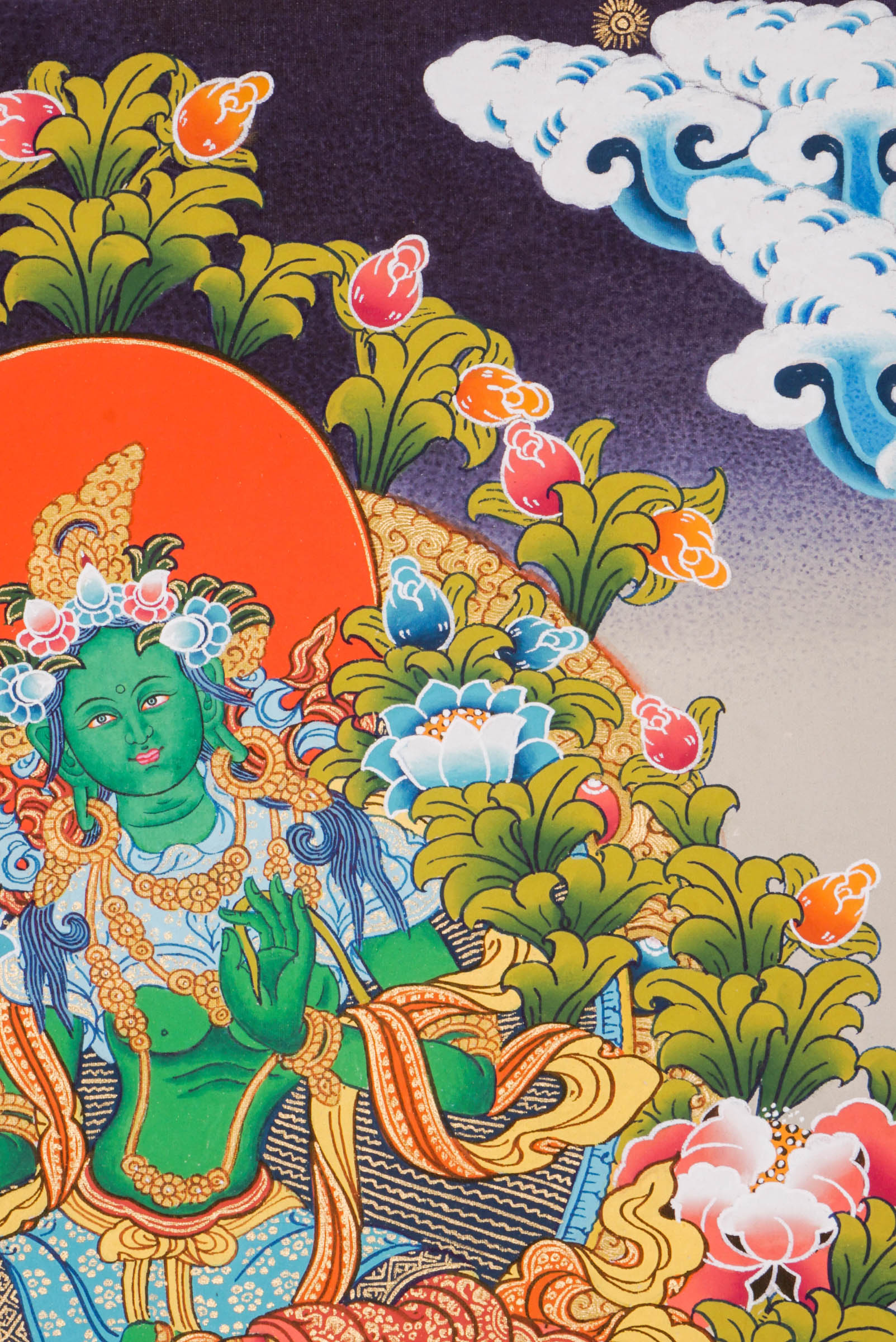 This genuine Tibetan Green Tara Thangka, hand-painted with natural pigments, embodies compassion and swift protection—ideal for inviting healing energy and abundance into your sacred space.