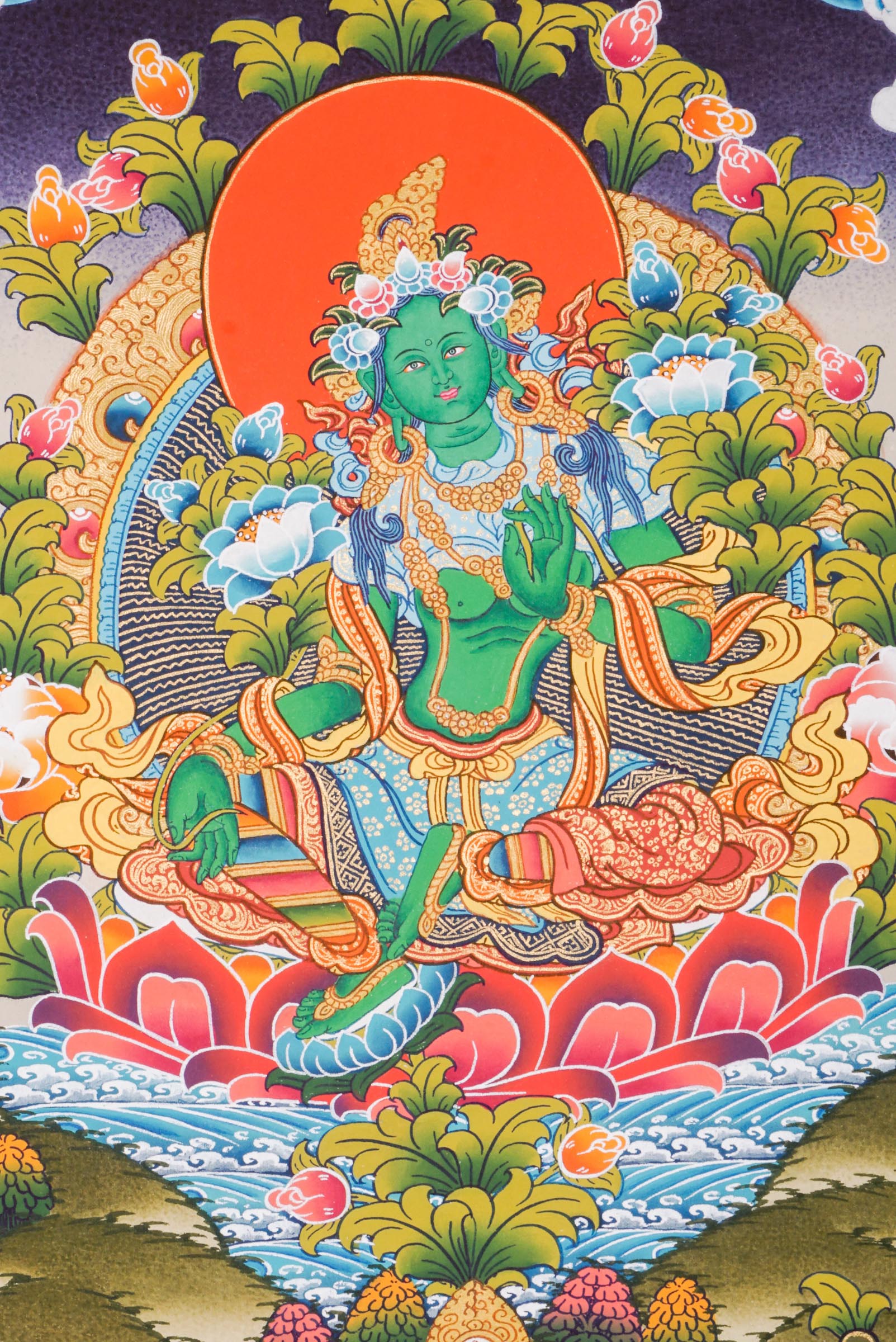 This genuine Tibetan Green Tara Thangka, hand-painted with natural pigments, embodies compassion and swift protection—ideal for inviting healing energy and abundance into your sacred space.