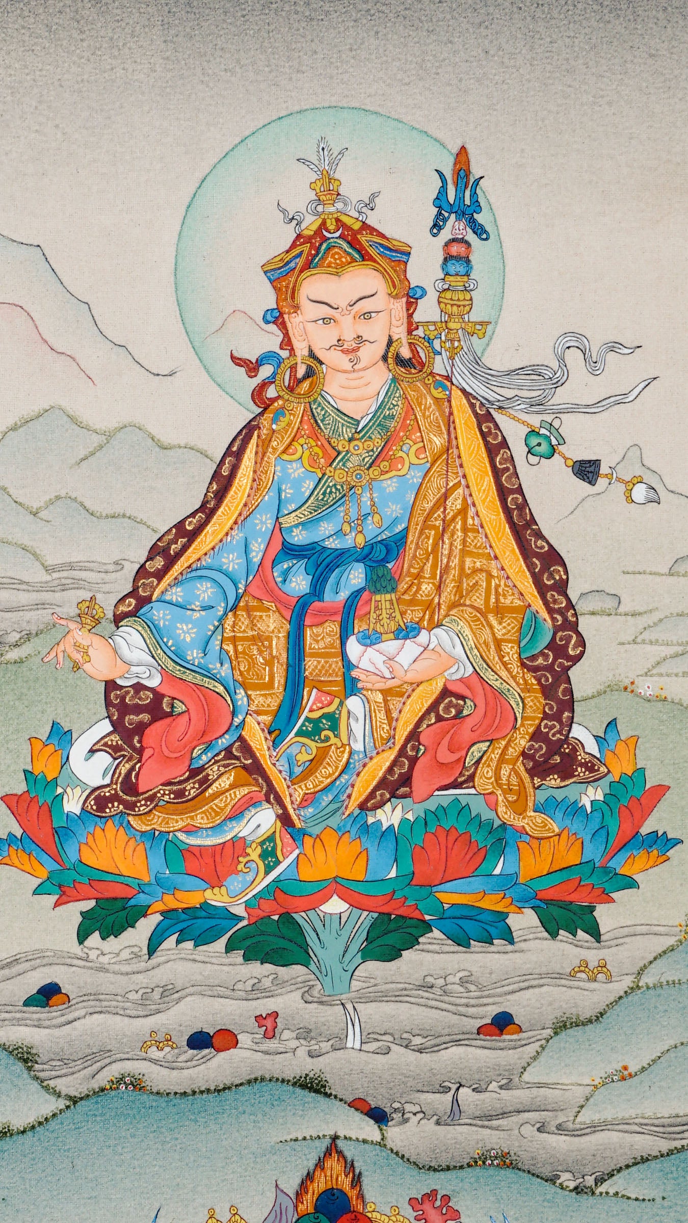 Padmasambhava seated on a lotus throne, holding a vajra and skull cup with khatvanga resting on his arm, surrounded by a serene landscape and radiant aura.