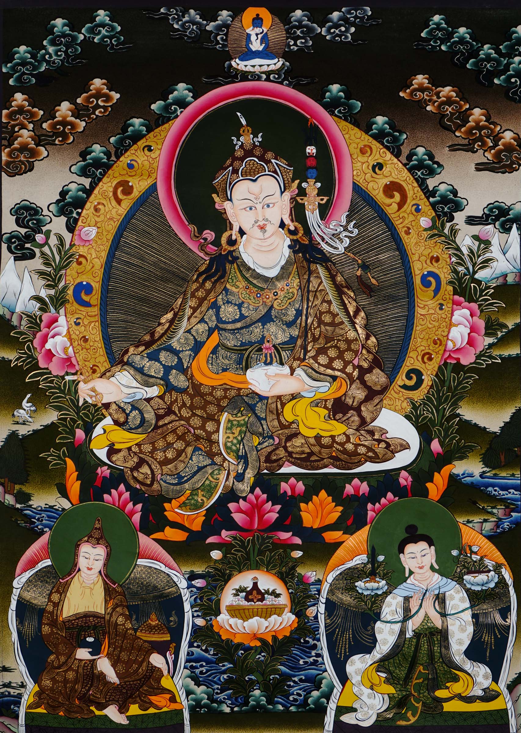 Hand-painted Guru Rinpoche thangka from Kathmandu, Nepal showing the master seated on a lotus throne holding a vajra, skull cup, and khatvanga staff with symbolic heads, adorned with robes, jewelry, and halo in traditional Tibetan Vajrayana style.