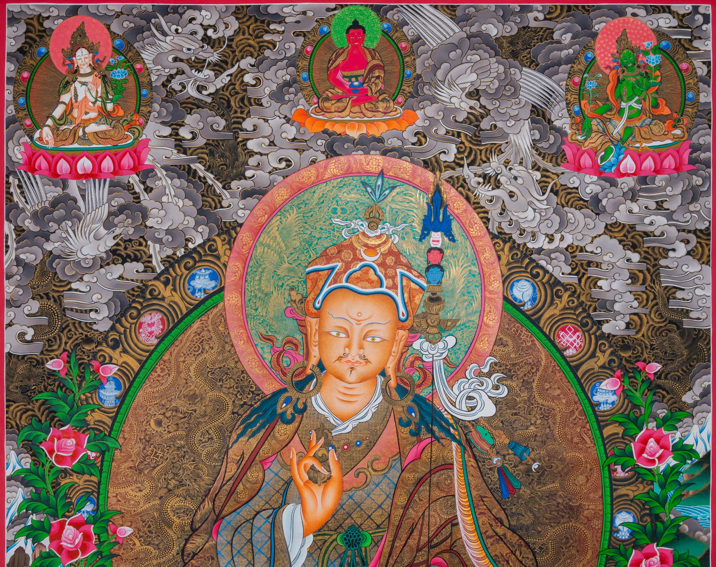 Exclusive Guru Rinpoche Thangka with central figure seated in meditation, two disciples below, and three deities above in Tibetan Buddhist art style.