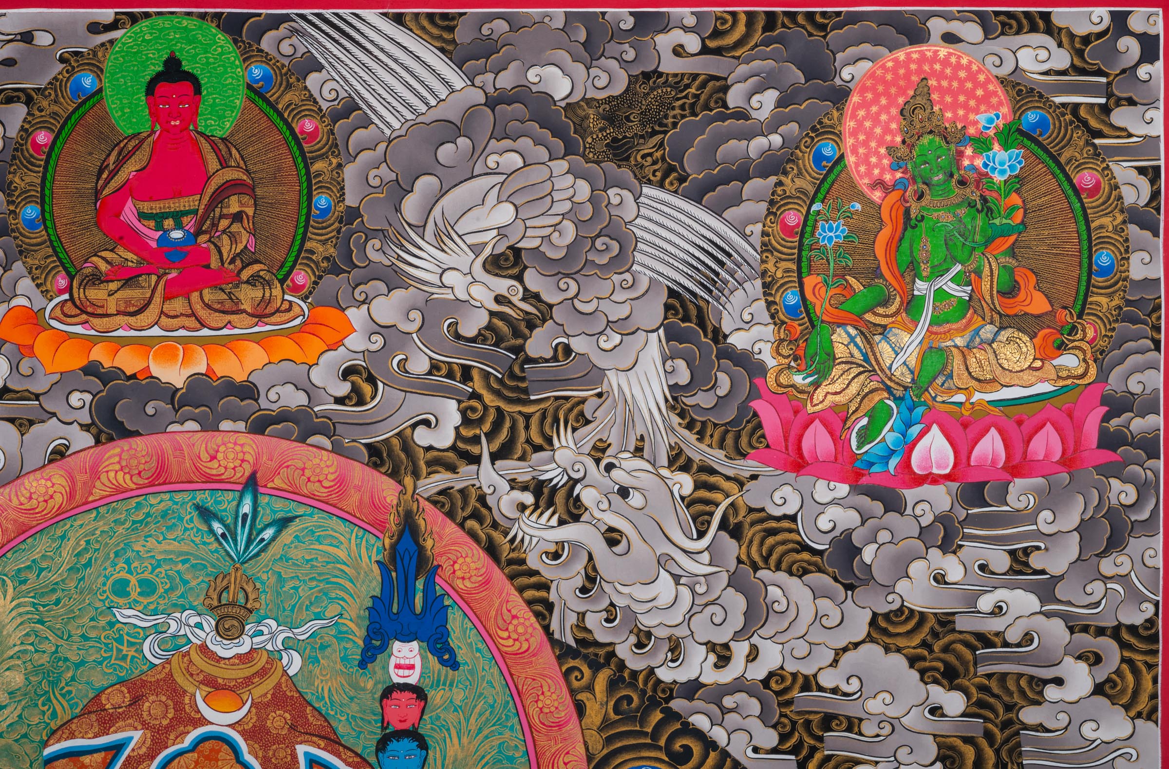 Exclusive Guru Rinpoche Thangka with central figure seated in meditation, two disciples below, and three deities above in Tibetan Buddhist art style.