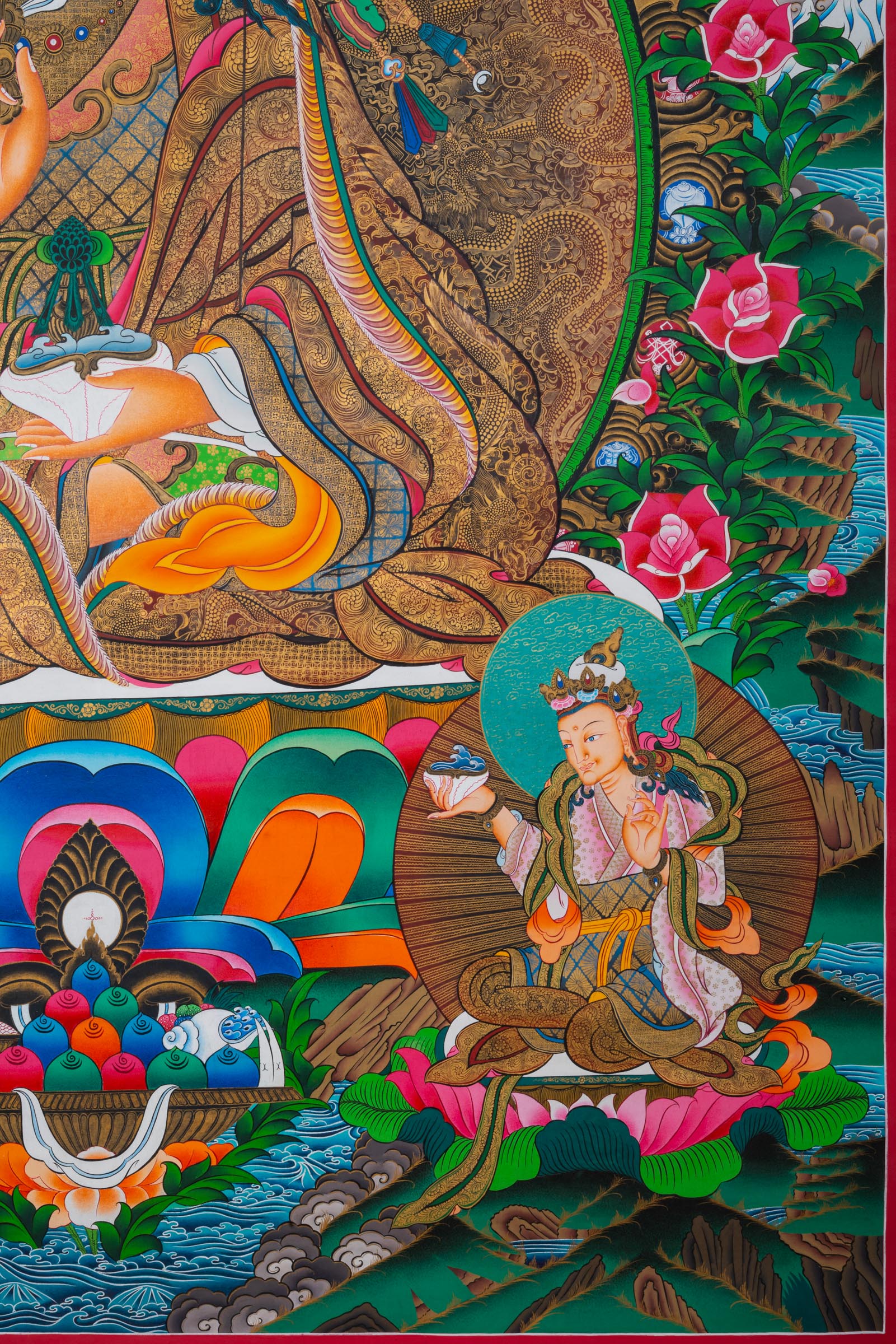 Exclusive Guru Rinpoche Thangka with central figure seated in meditation, two disciples below, and three deities above in Tibetan Buddhist art style.