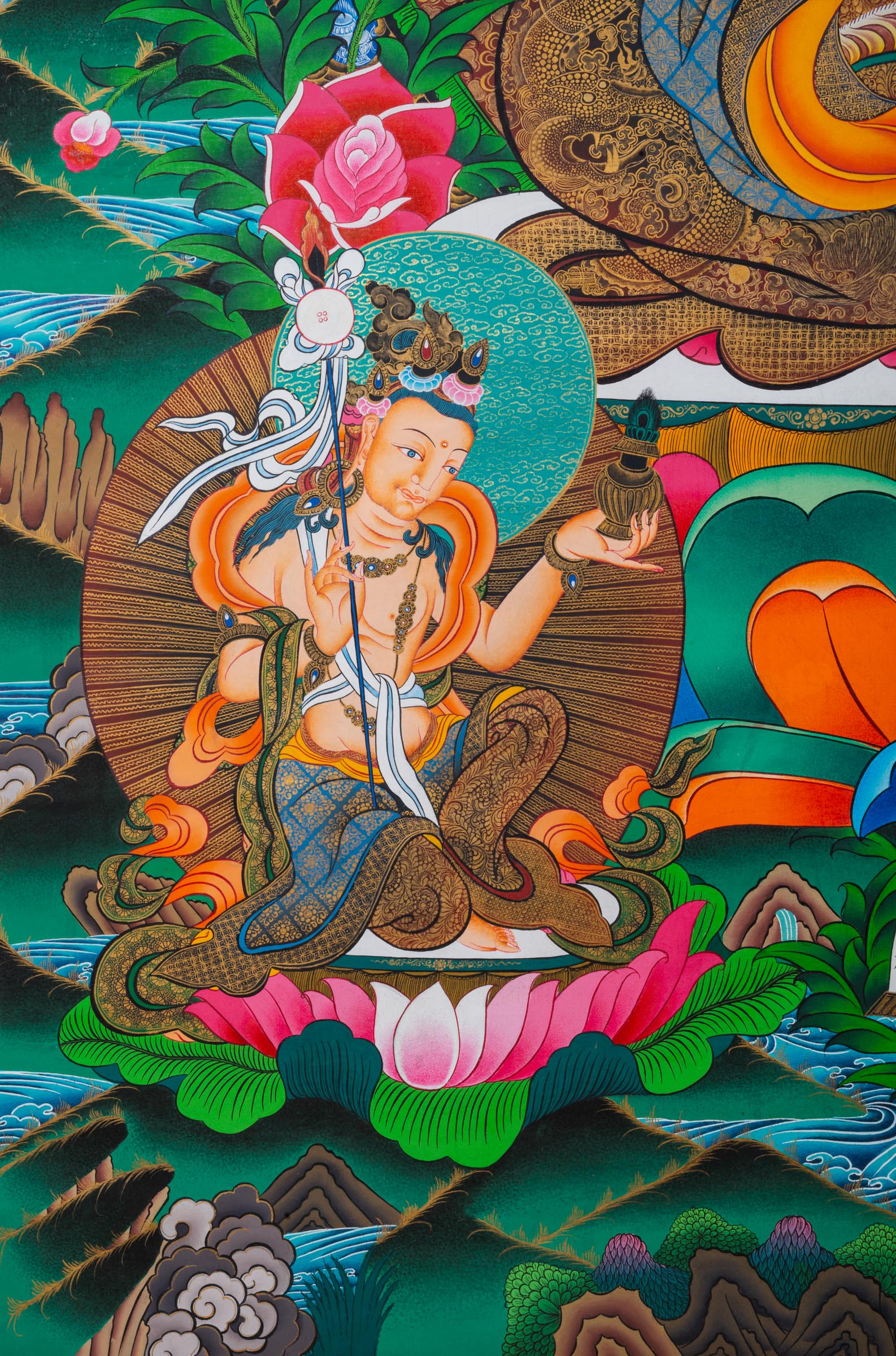 Exclusive Guru Rinpoche Thangka with central figure seated in meditation, two disciples below, and three deities above in Tibetan Buddhist art style.