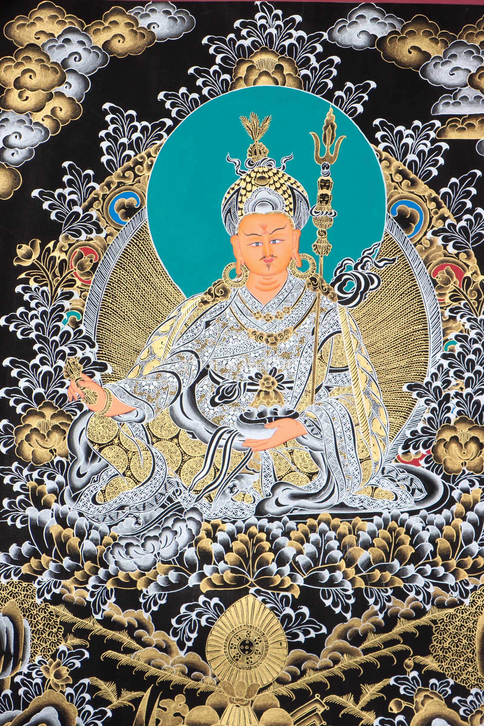 This genuine Guru Padmasambhava Thangka, hand-painted with natural mineral pigments, honors the "Second Buddha" of Tibet and serves as a powerful spiritual companion for meditation, protection, and wisdom.