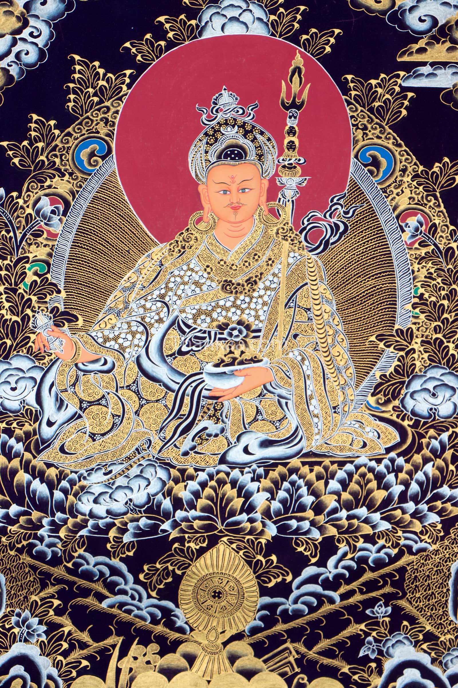 This genuine Guru Padmasambhava Thangka, hand-painted with natural mineral pigments, captures the sacred presence of the "Second Buddha" and serves as a powerful symbol of protection, wisdom, and spiritual awakening.