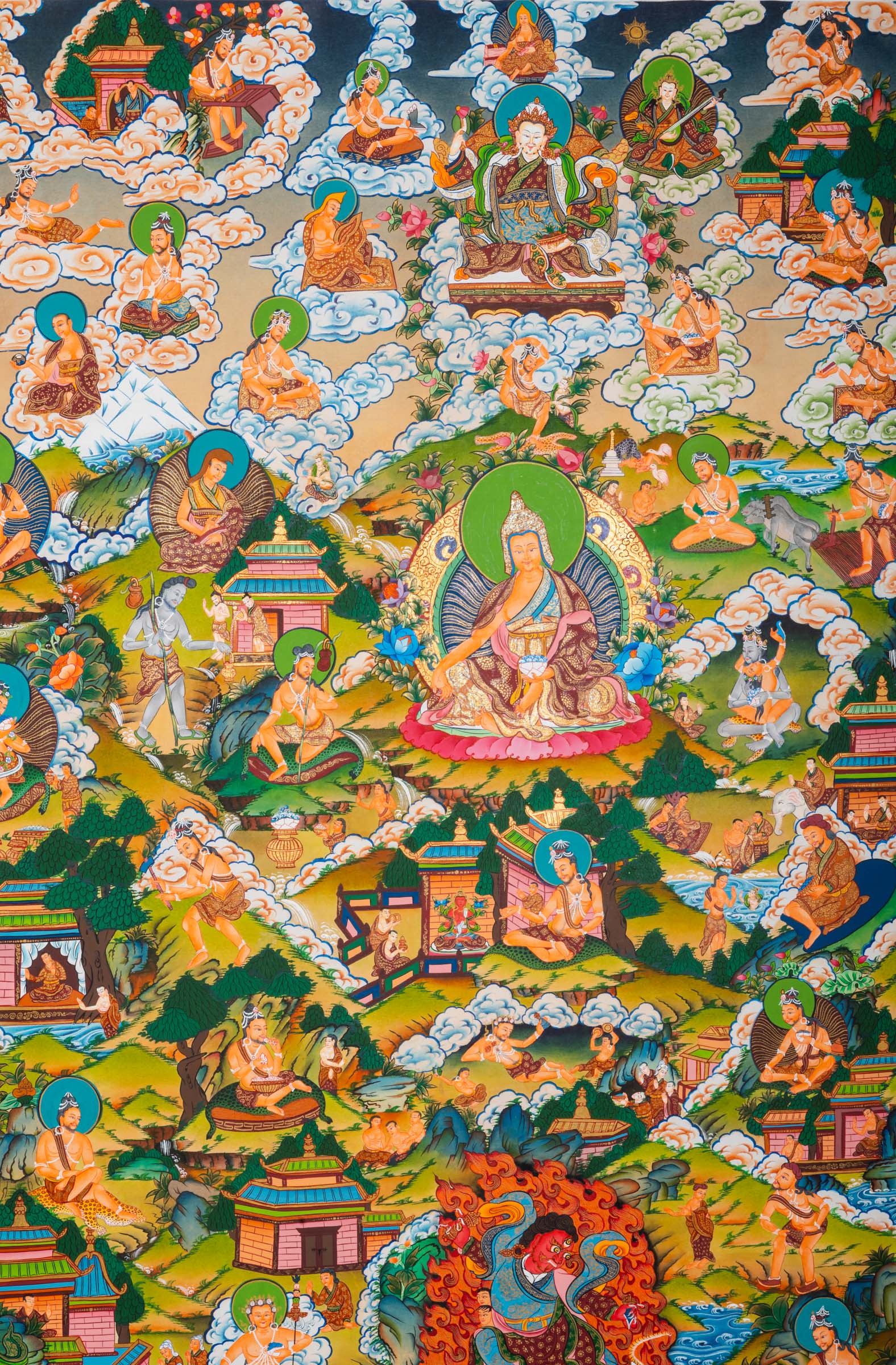 Exclusive Guru Thangka painting featuring Guru Padmasambhava at the center with surrounding life story scenes in traditional Tibetan Buddhist style.
