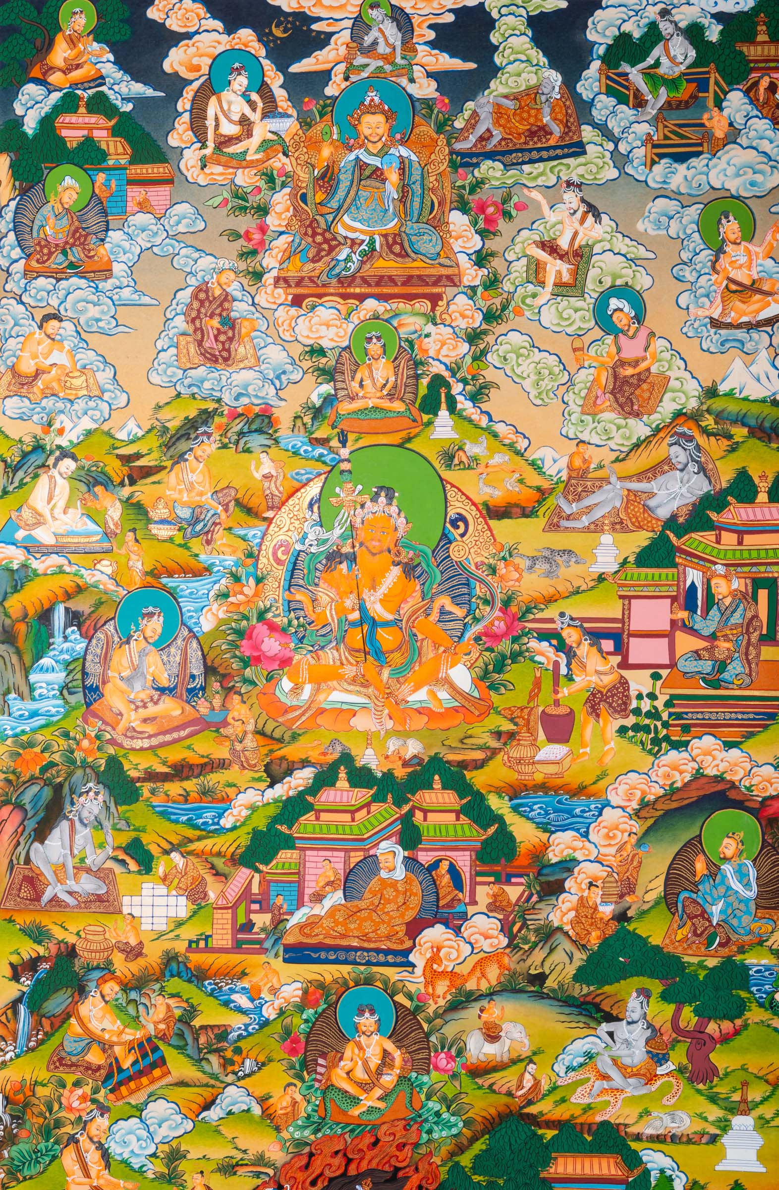 Exclusive Guru Thangka painting featuring Guru Padmasambhava at the center with surrounding life story scenes in traditional Tibetan Buddhist style.