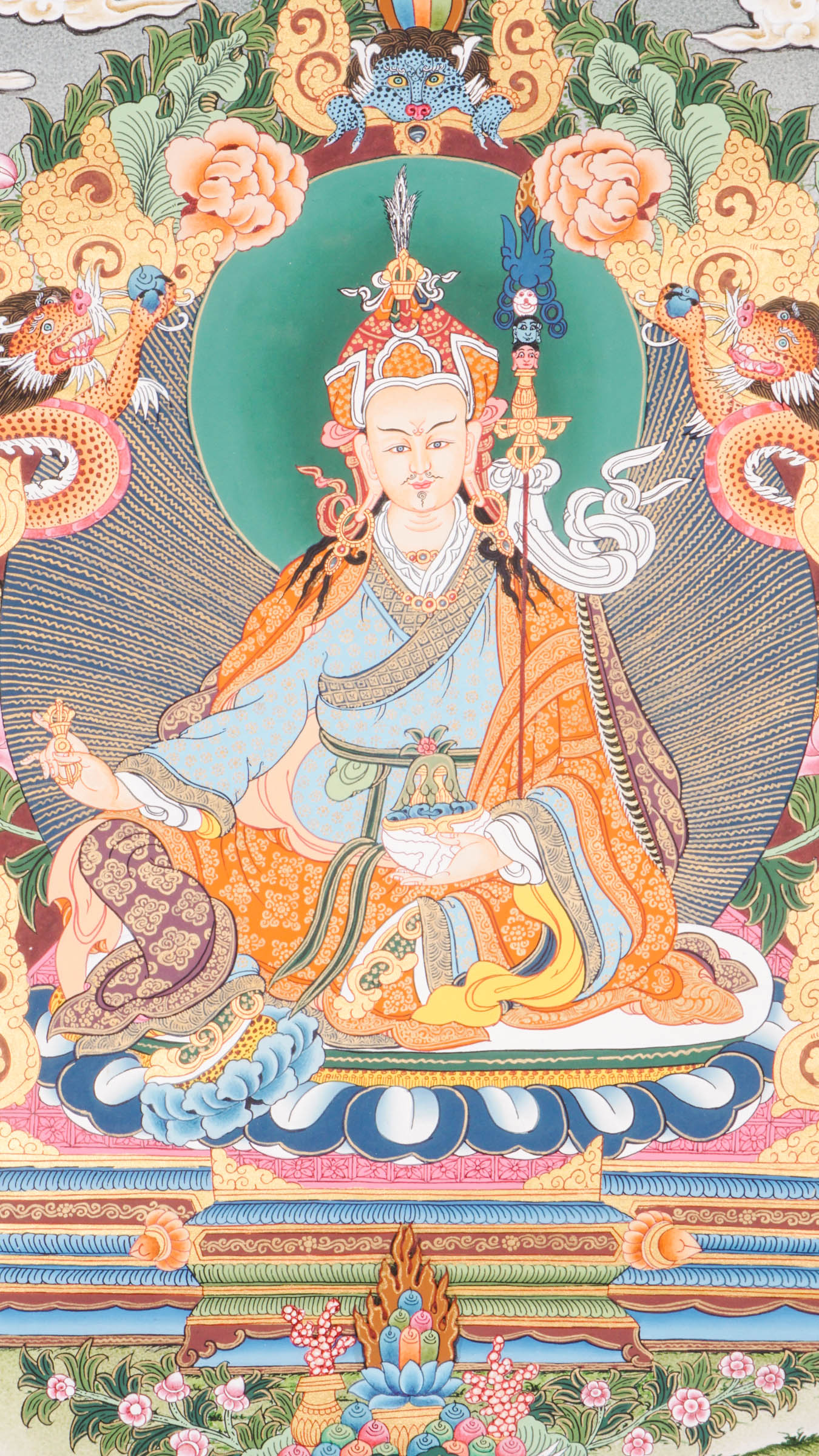 Guru Rinpoche Thangka is a sacred Tibetan Buddhist painting that honors Padmasambhava, the enlightened master known for introducing Buddhism to Tibet and removing obstacles with wisdom and compassion. Hand-painted with natural mineral pigments, this thangka brings blessings of protection, spiritual power, and peace to any meditation or sacred space.
