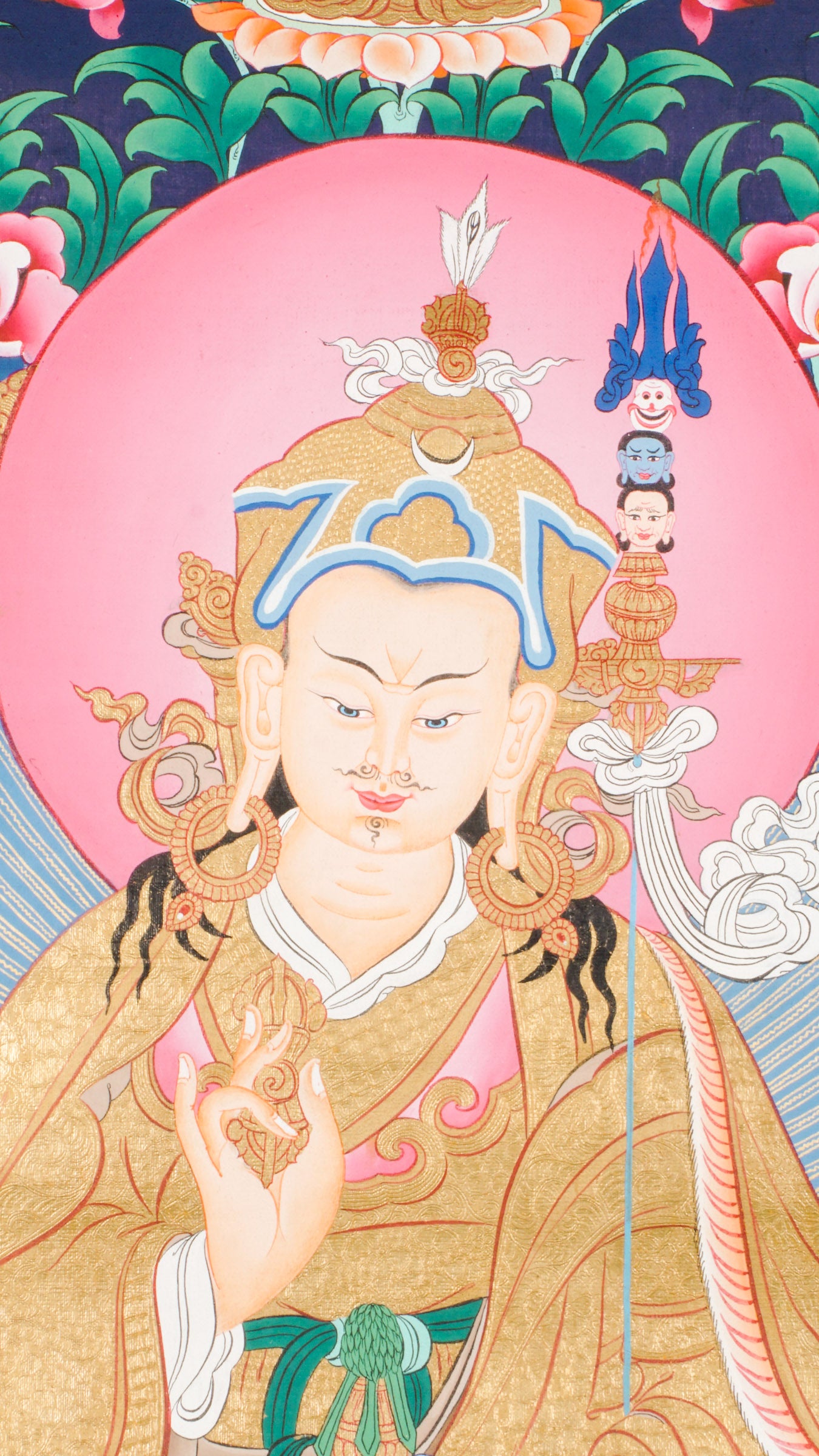 Guru Rinpoche, or Padmasambhava, is a highly revered figure in Tibetan Buddhism, known as the "Second Buddha." He brought Vajrayana Buddhism to Tibet and is celebrated for his wisdom, teachings, and ability to overcome obstacles.