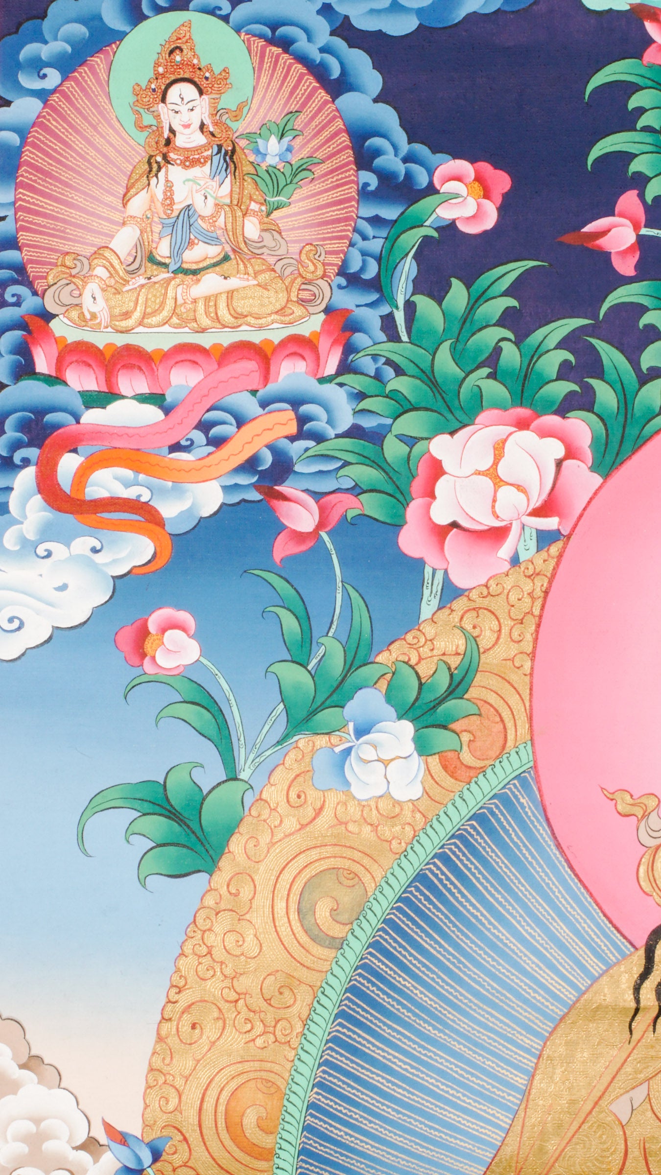 Guru Rinpoche, or Padmasambhava, is a highly revered figure in Tibetan Buddhism, known as the "Second Buddha." He brought Vajrayana Buddhism to Tibet and is celebrated for his wisdom, teachings, and ability to overcome obstacles.