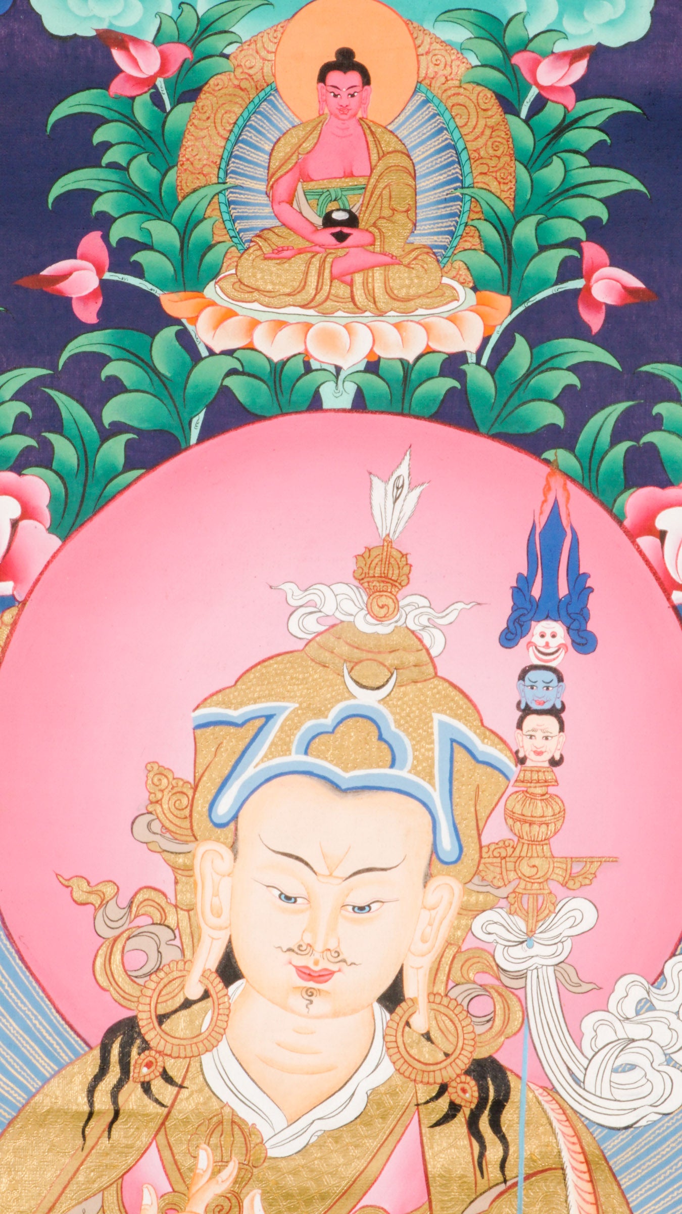 Guru Rinpoche, or Padmasambhava, is a highly revered figure in Tibetan Buddhism, known as the "Second Buddha." He brought Vajrayana Buddhism to Tibet and is celebrated for his wisdom, teachings, and ability to overcome obstacles.