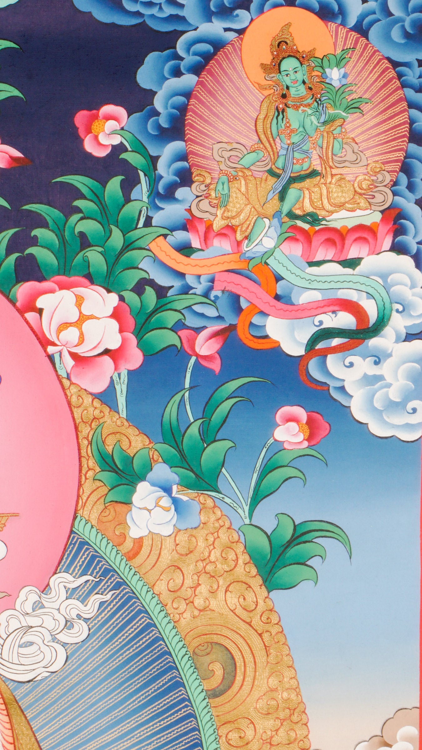 Guru Rinpoche, or Padmasambhava, is a highly revered figure in Tibetan Buddhism, known as the "Second Buddha." He brought Vajrayana Buddhism to Tibet and is celebrated for his wisdom, teachings, and ability to overcome obstacles.