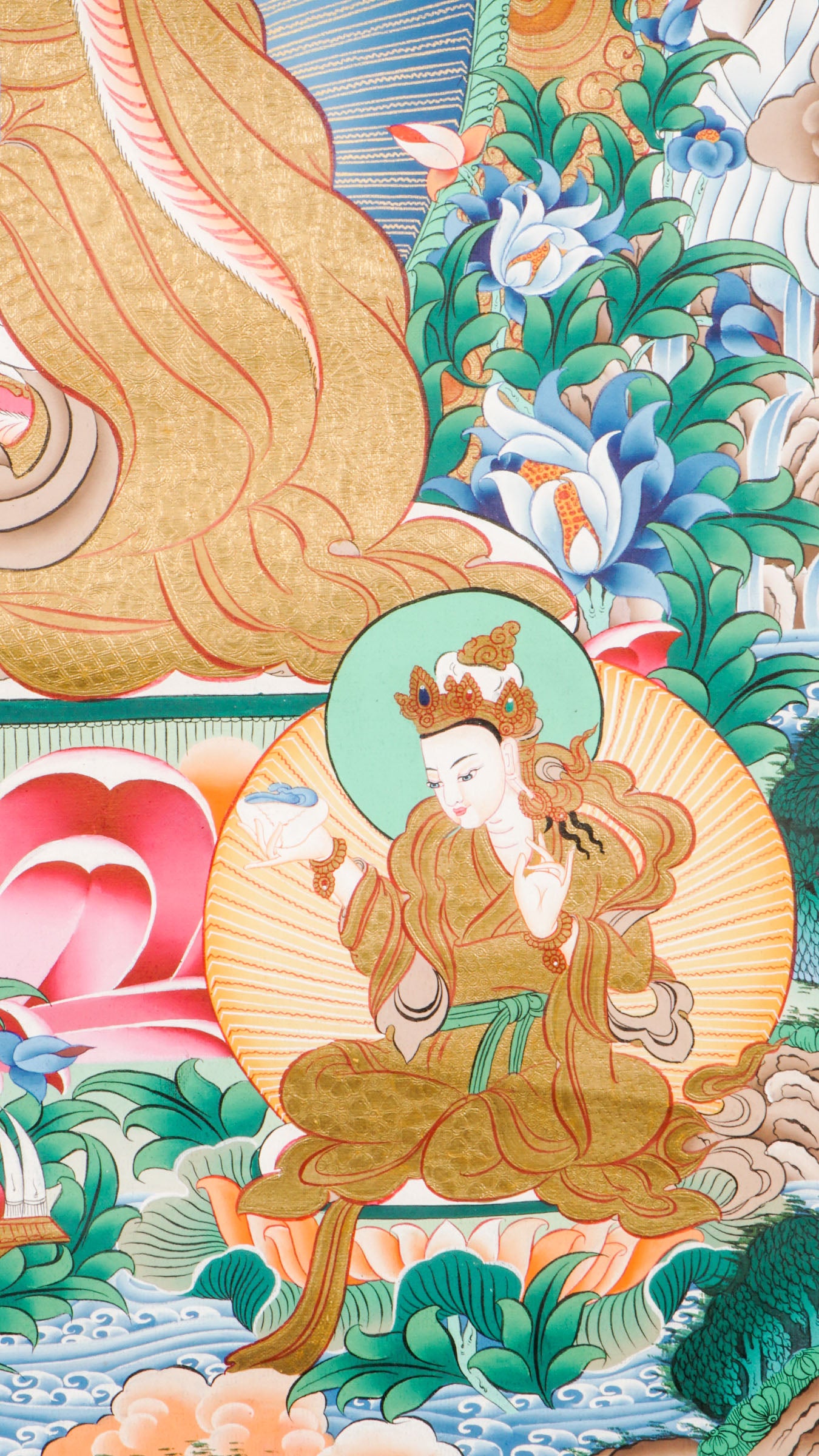 Guru Rinpoche, or Padmasambhava, is a highly revered figure in Tibetan Buddhism, known as the "Second Buddha." He brought Vajrayana Buddhism to Tibet and is celebrated for his wisdom, teachings, and ability to overcome obstacles.