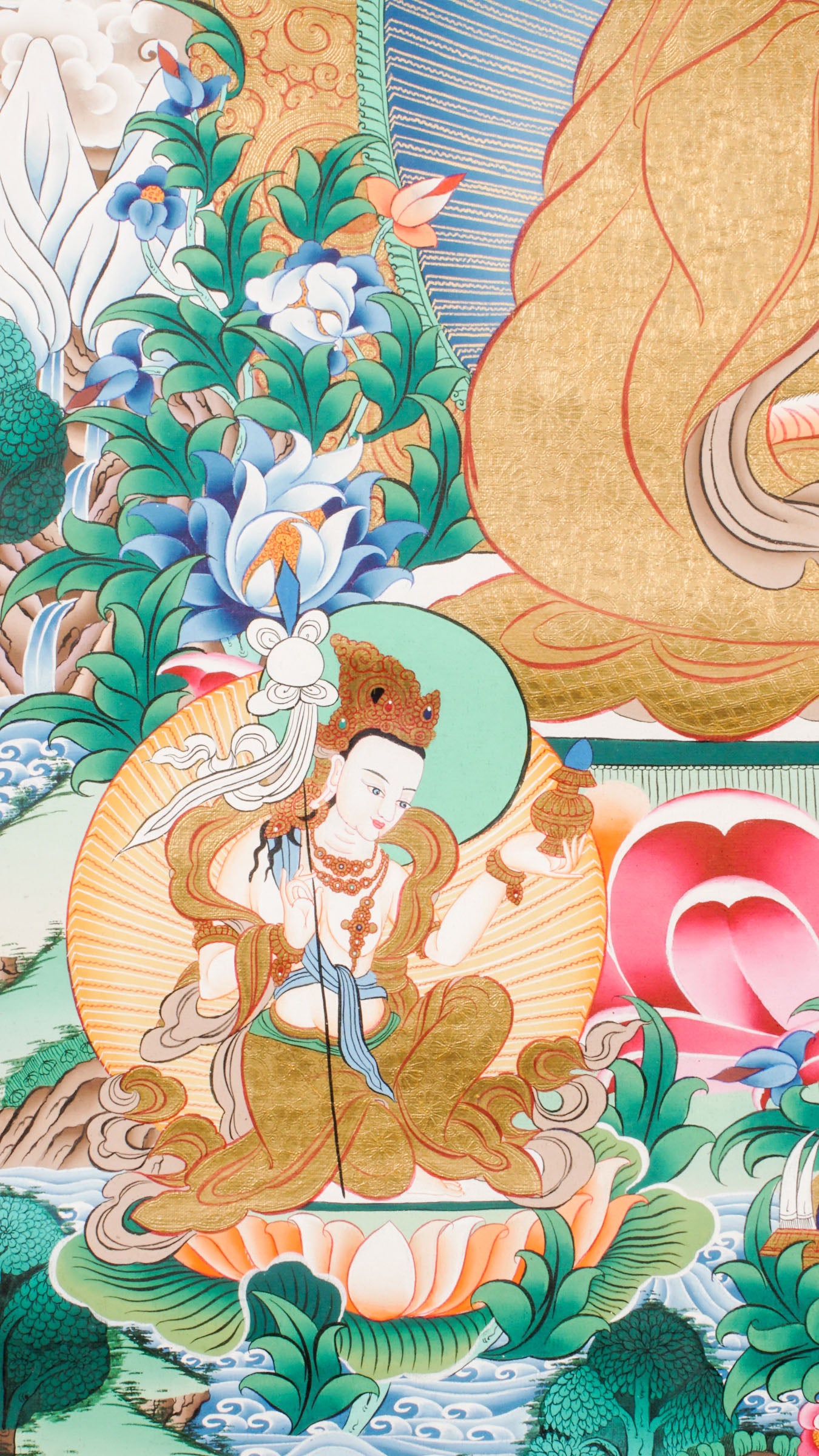 Guru Rinpoche, or Padmasambhava, is a highly revered figure in Tibetan Buddhism, known as the "Second Buddha." He brought Vajrayana Buddhism to Tibet and is celebrated for his wisdom, teachings, and ability to overcome obstacles.