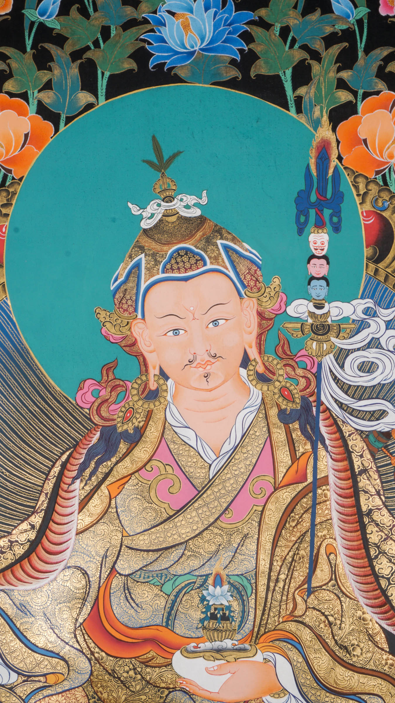 Guru Thangka Paintings depict revered Tibetan spiritual teachers with vibrant colors and gold leaf. They serve as powerful meditation tools, bringing the Guru’s wisdom and blessings into your space.