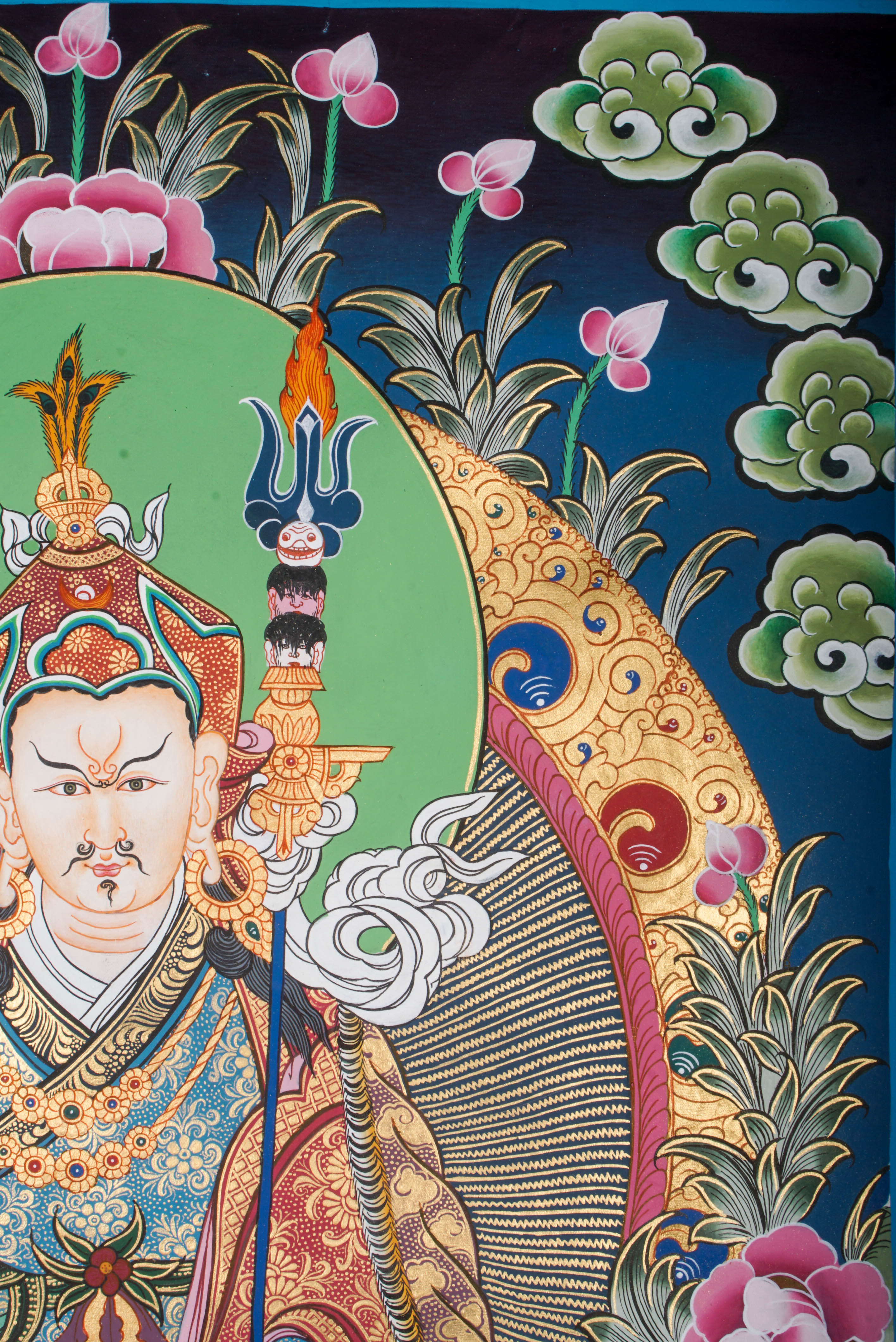 Sacred Thangka art of Guru Padmasambhava from the Nyingma lineage, depicted with vajra resting on his lap. A peaceful yet powerful image symbolizing wisdom, stability, and enlightened transmission. Perfect for meditation and devotional spaces.