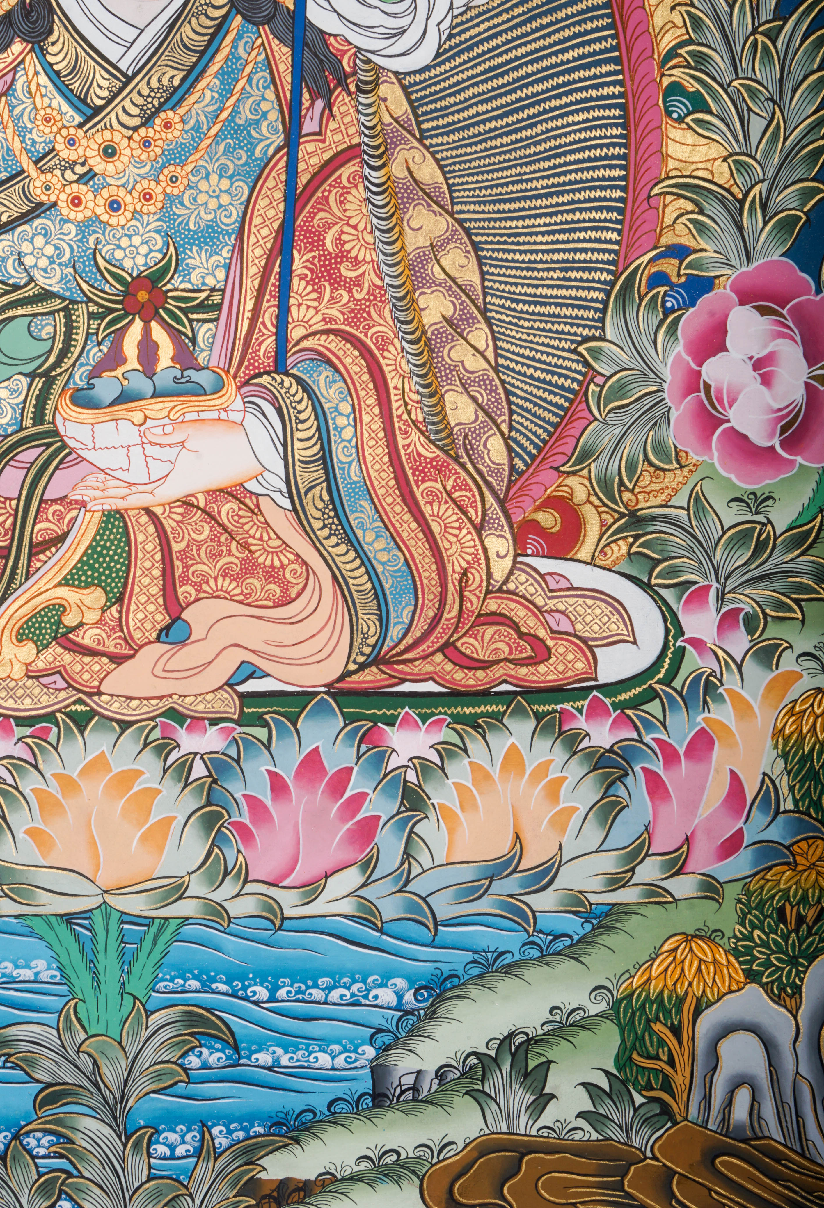 The Guru Thangka Painting is a genuine Tibetan thangka that honors Guru Rinpoche, the enlightened master of Vajrayana Buddhism. Hand-painted using natural pigments, it radiates spiritual wisdom and is revered for its blessings of protection, guidance, and transformation.