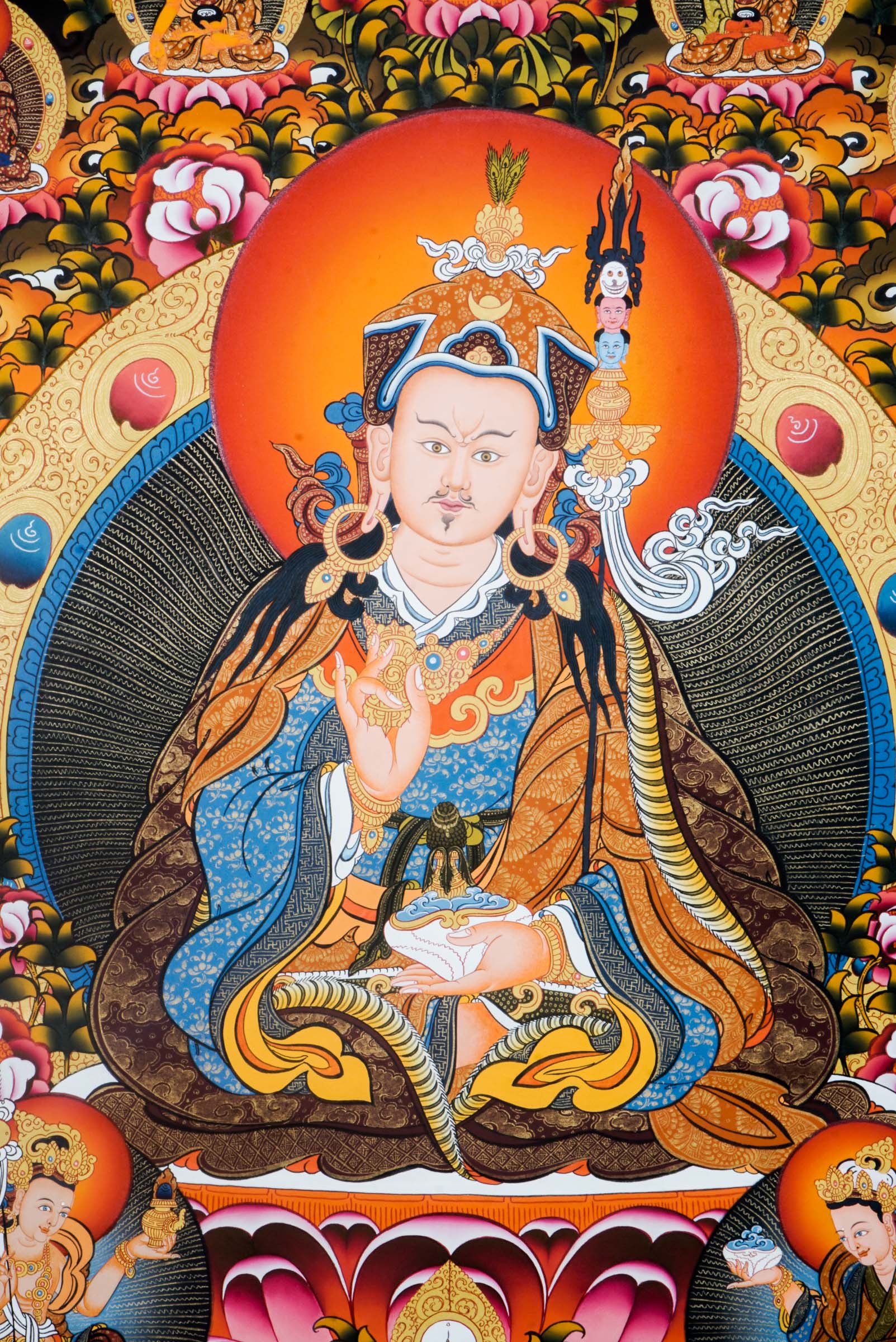 A Guru in Tibetan Buddhism high quality Art with Mantra blessing surrounded for spiritual energy and Pancha Buddha at top.