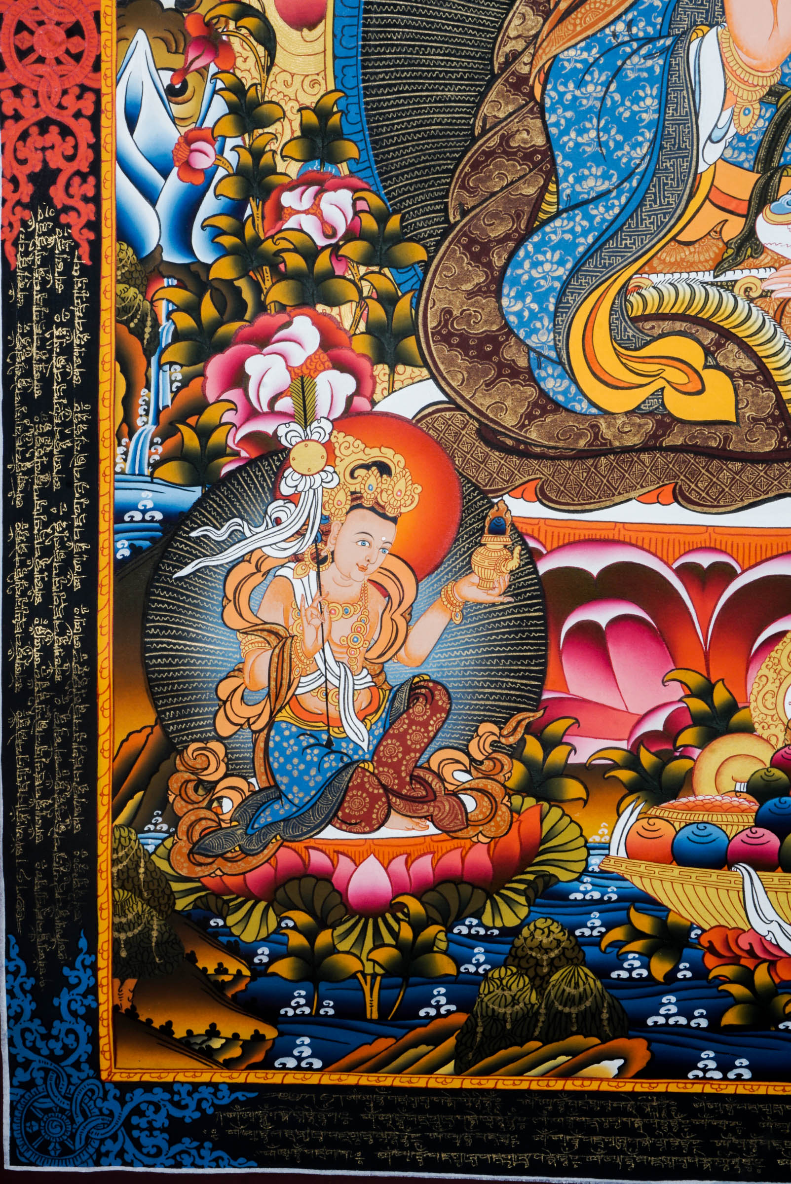 A Guru in Tibetan Buddhism high quality Art with Mantra blessing surrounded for spiritual energy and Pancha Buddha at top.